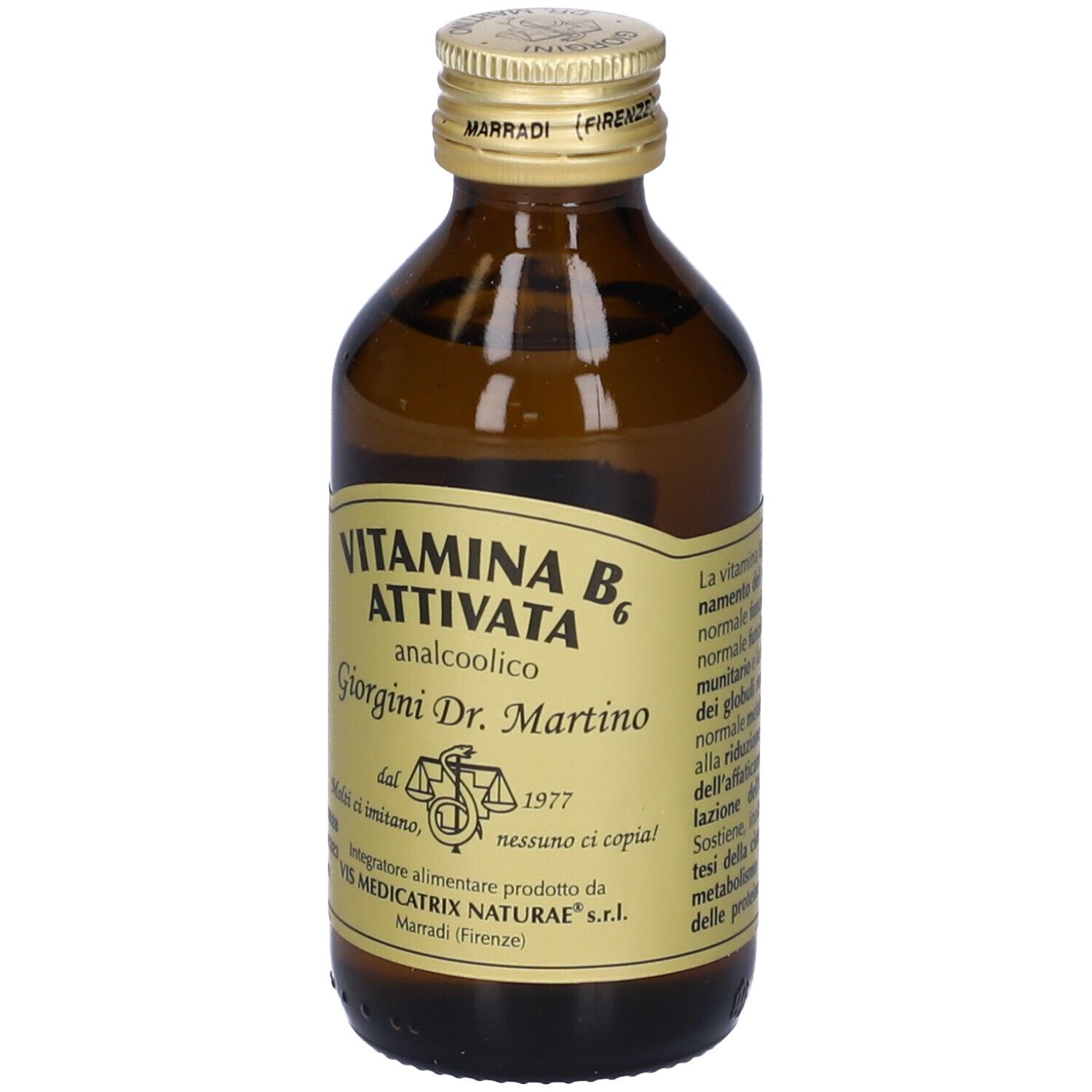 Bottiglia di vetro marrone con tappo dorato. Scritta: Vitamina B6 Attivata, Giorgini Dr. Martino.