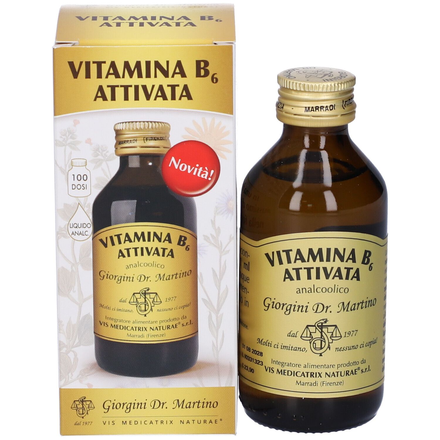 Bottiglia di vetro marrone con tappo dorato e confezione. Scritta: Vitamina B6 Attivata, Giorgini Dr. Martino. Novità!