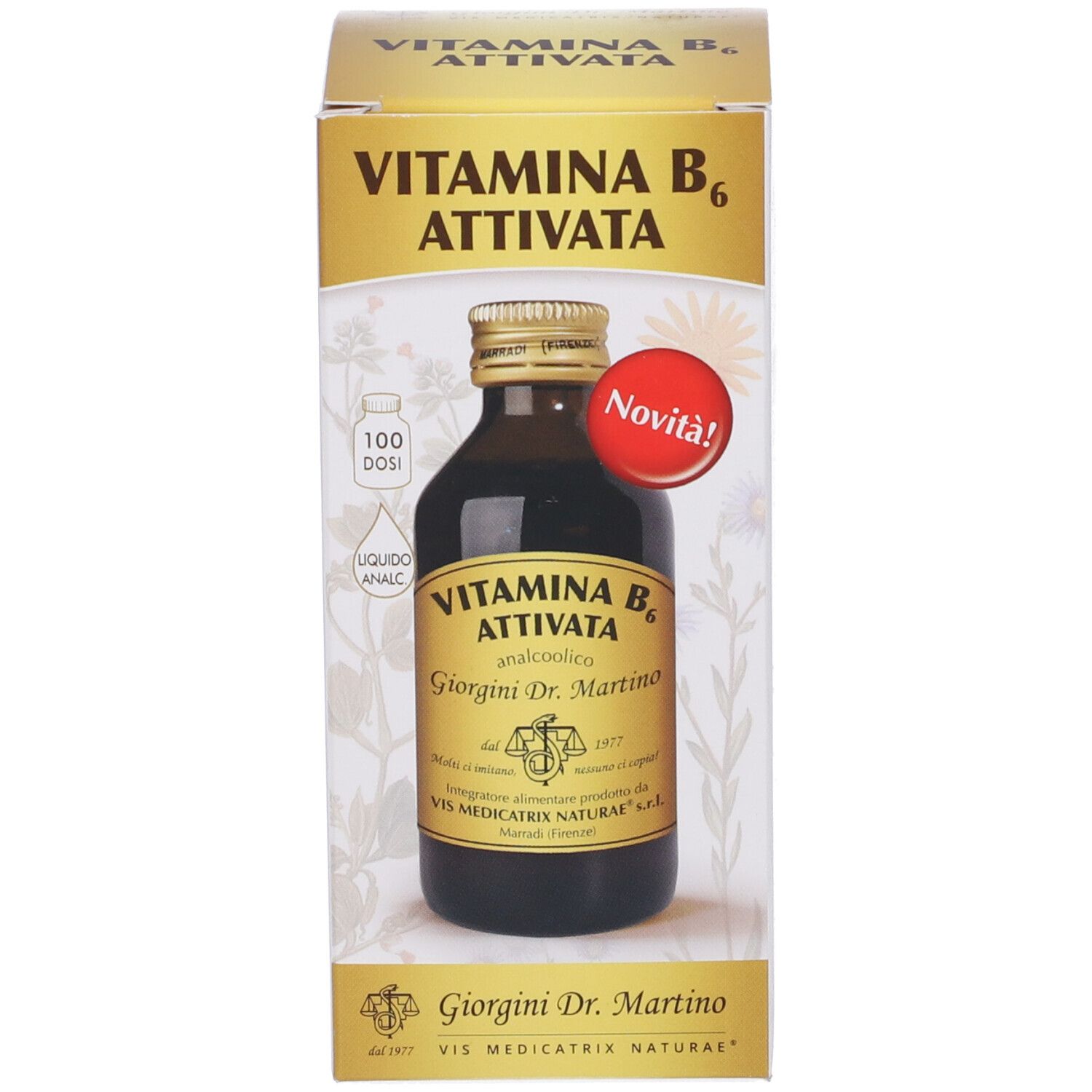 Confezione con bottiglia di vetro marrone. Scritta: Vitamina B6 Attivata, Giorgini Dr. Martino. Novità!