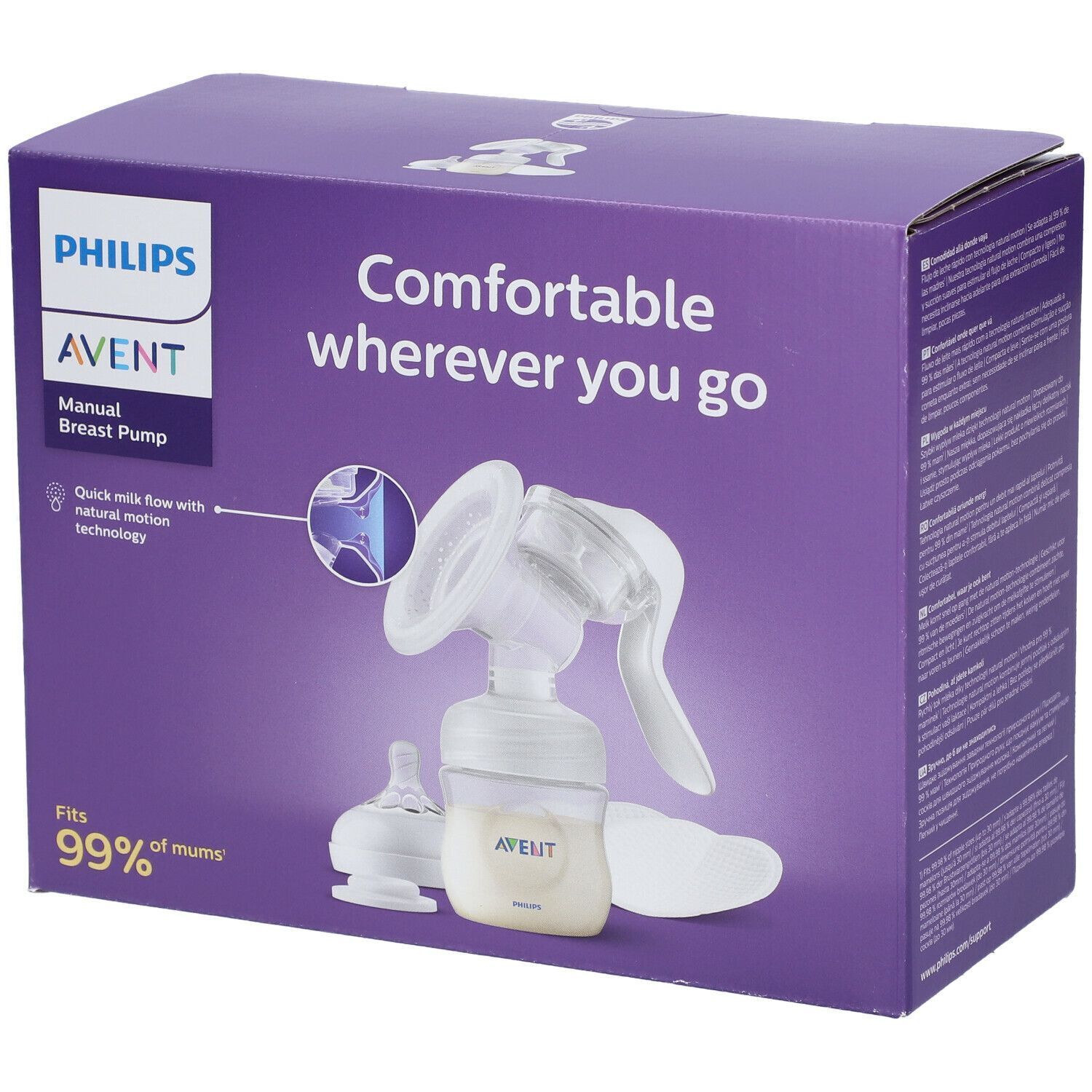 Confezione pompa manuale Philips Avent. Scritta: "Comfortable wherever you go". Contiene pompa, biberon e accessori.