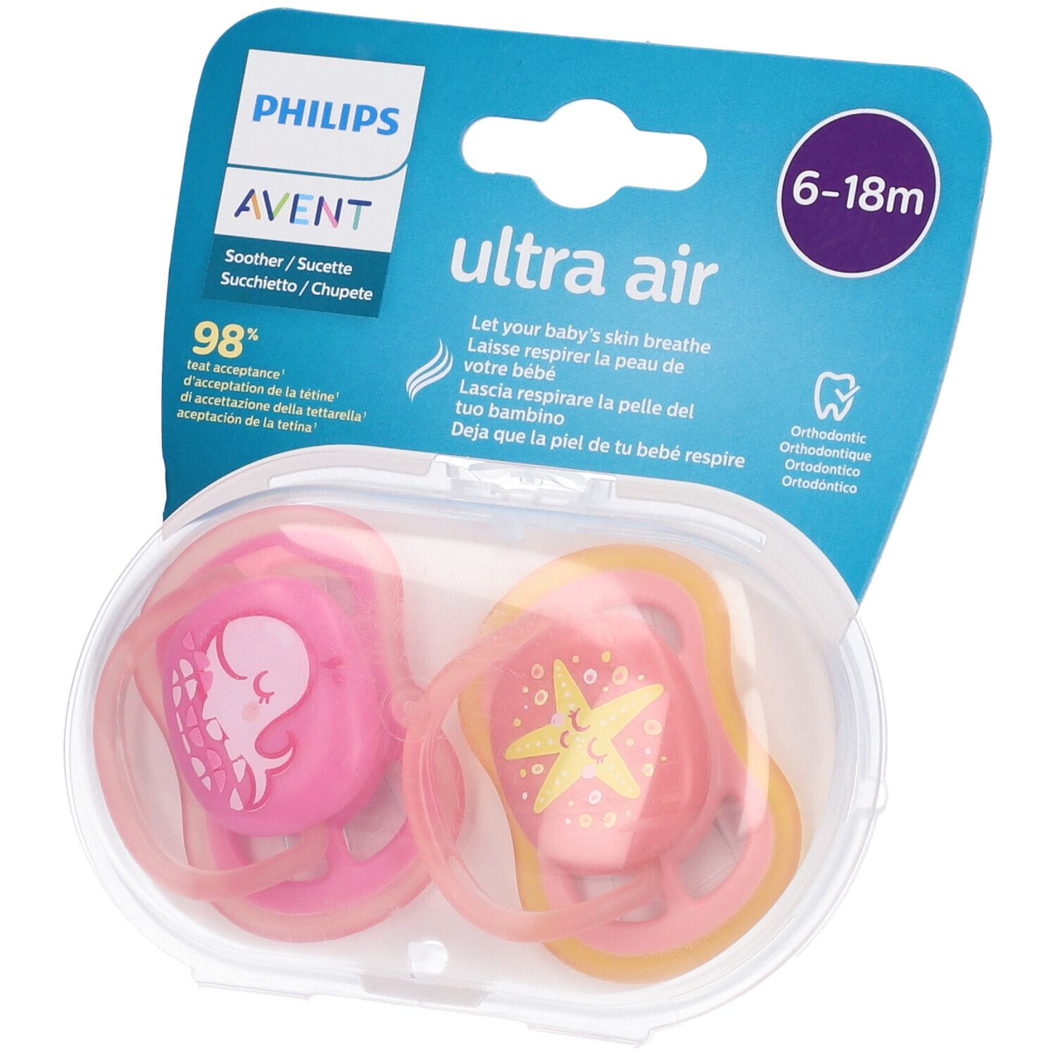 Avent Ultra Air Succhietto Balena/Stella Femmina 6-18 Mesi 2 Pezzi