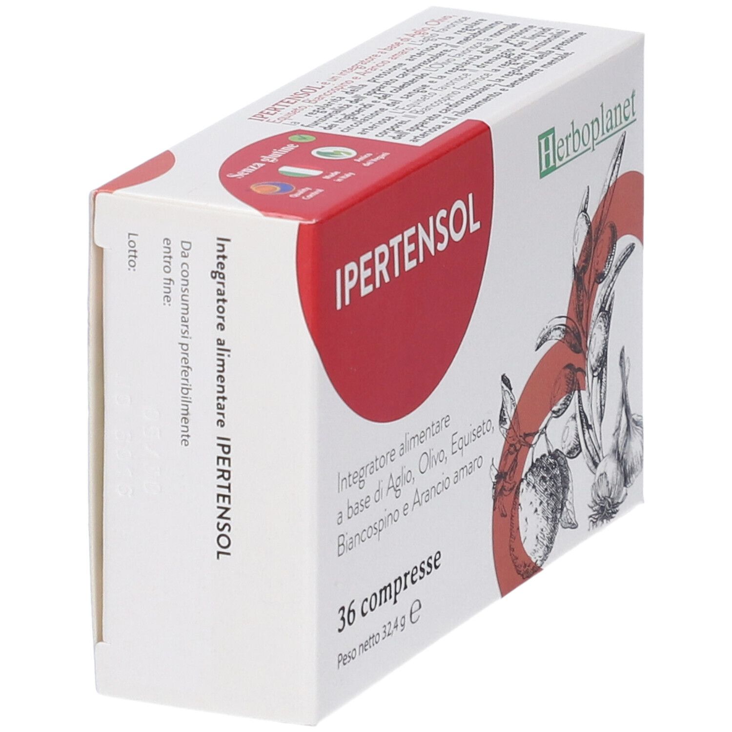Packung mit 36 Ipertensol-Tabletten von Herboplanet, Seitenansicht.