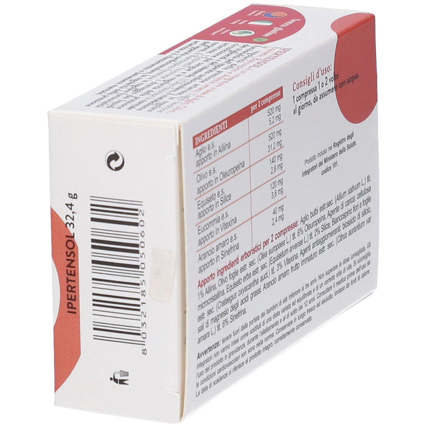 Seite der Ipertensol-Packung mit Barcode und Produktinformationen.