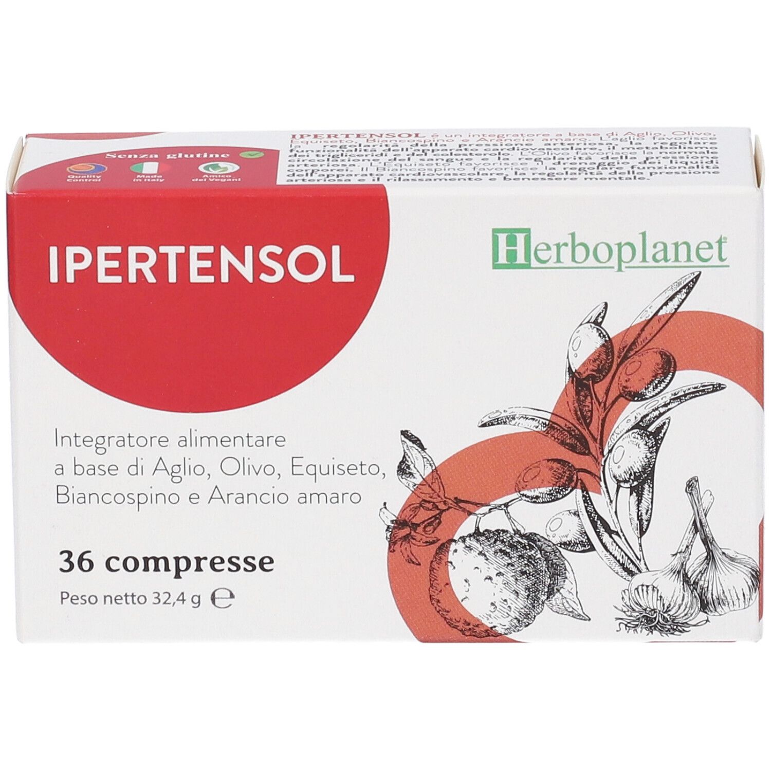 Vorderseite der Ipertensol-Packung mit 36 Tabletten und Kräuterdarstellung.