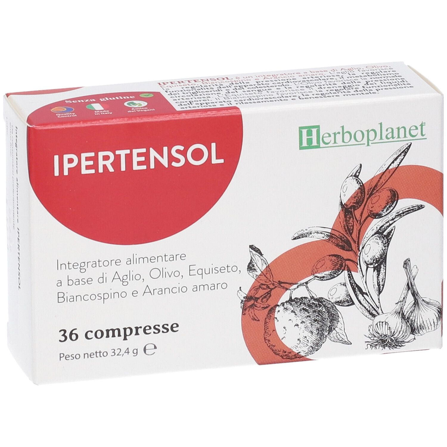 Packung mit 36 Ipertensol-Tabletten von Herboplanet, glutenfrei.