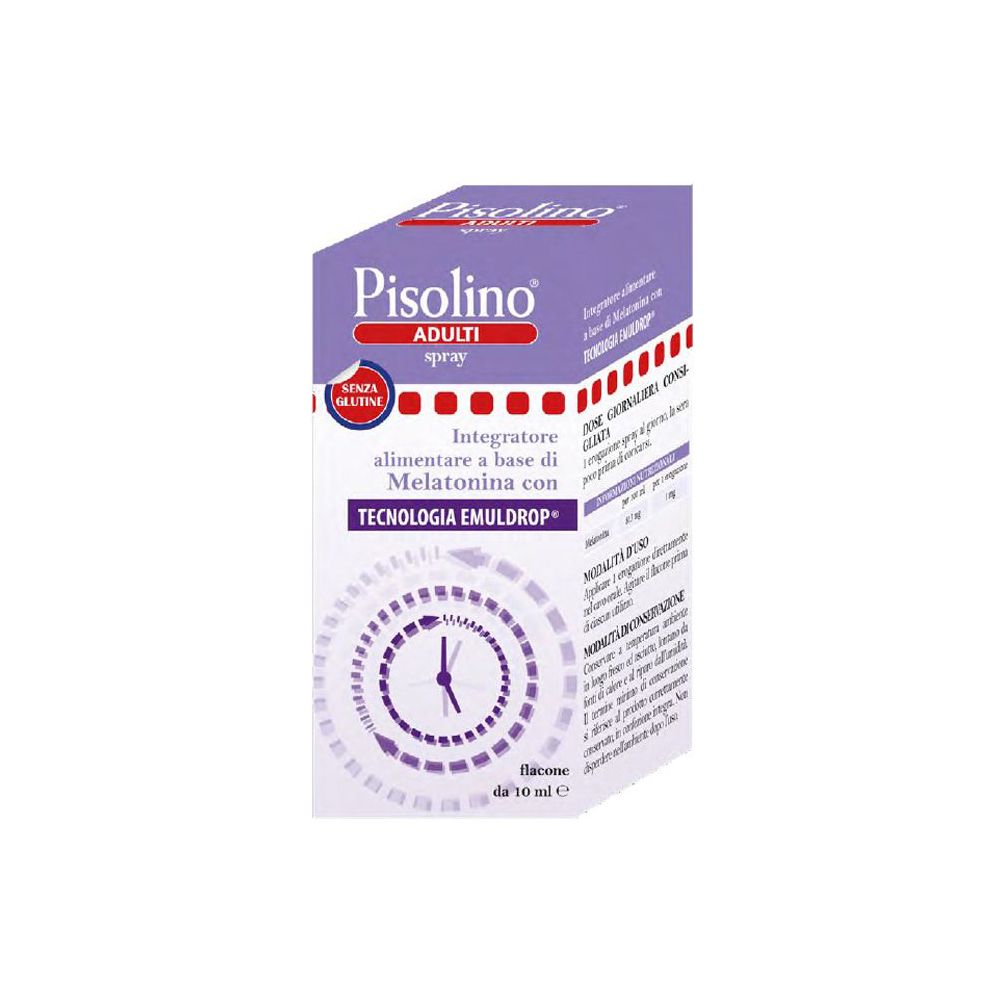 Scatola viola Pisolino, scritta « ADULTI spray ». Contiene melatonina. « SENZA GLUTINE ». Flacone da 10 ml.