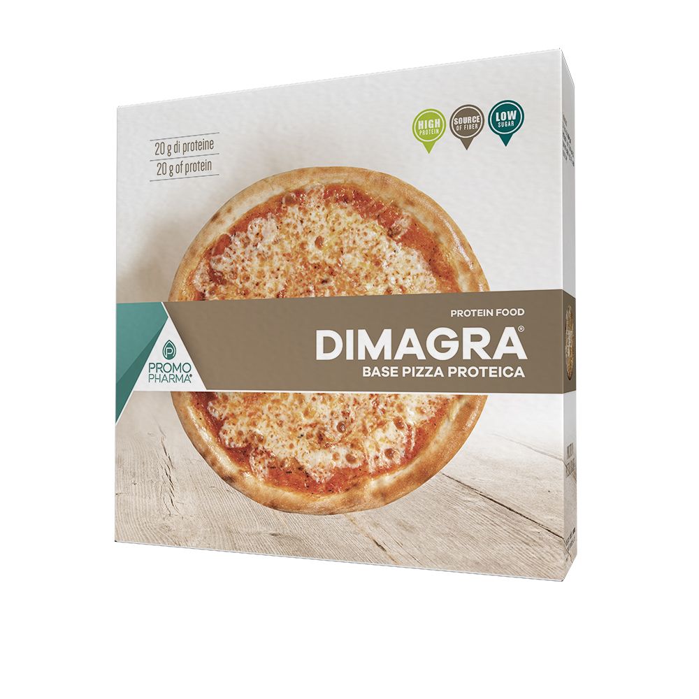 Confezione pizza. Scritta: DIMAGRA BASE PIZZA PROTEICA. Logo PromoPharma. 20 g di proteine.