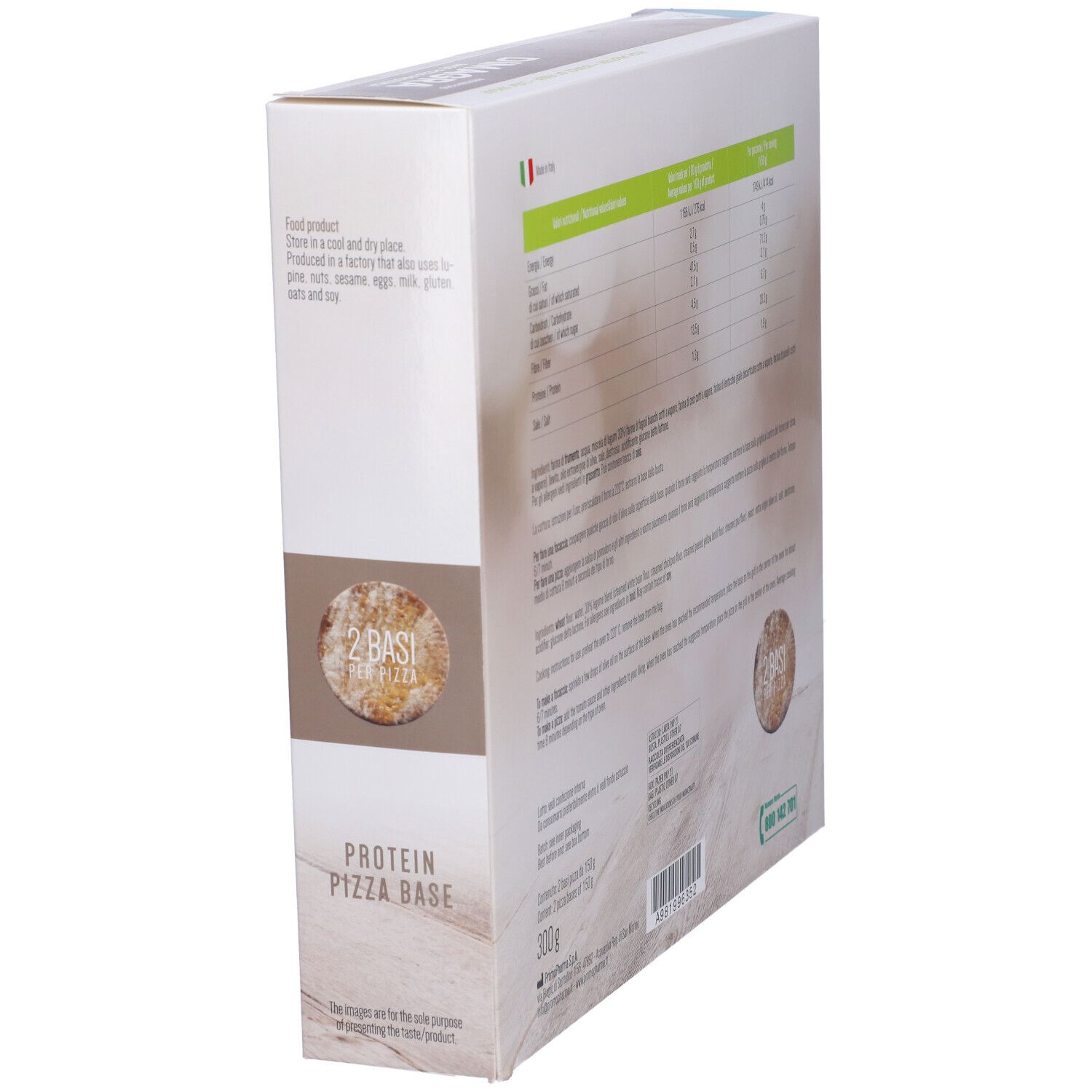 Vista laterale della confezione pizza. Scritta: PROTEIN PIZZA BASE. 2 basi per confezione.