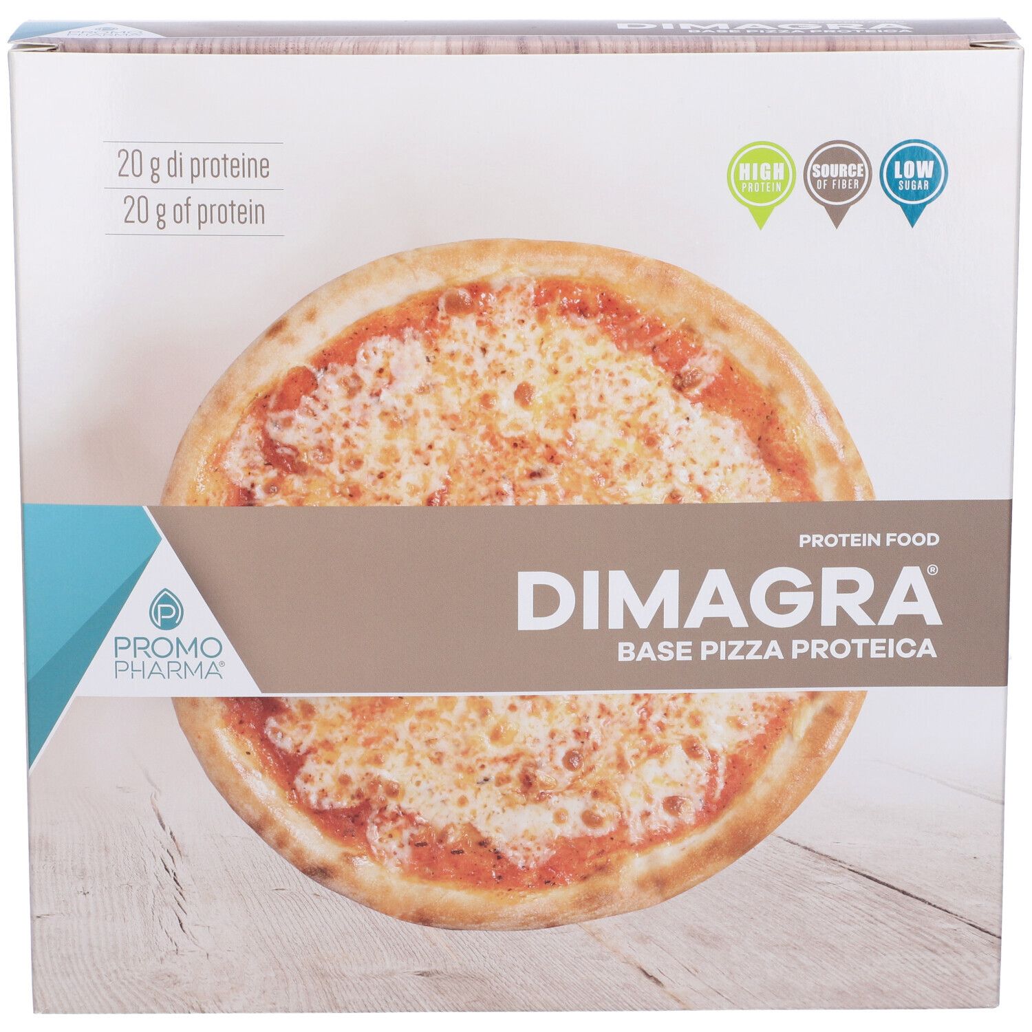 Confezione pizza. Scritta: DIMAGRA BASE PIZZA PROTEICA. Logo PromoPharma. 20 g di proteine.