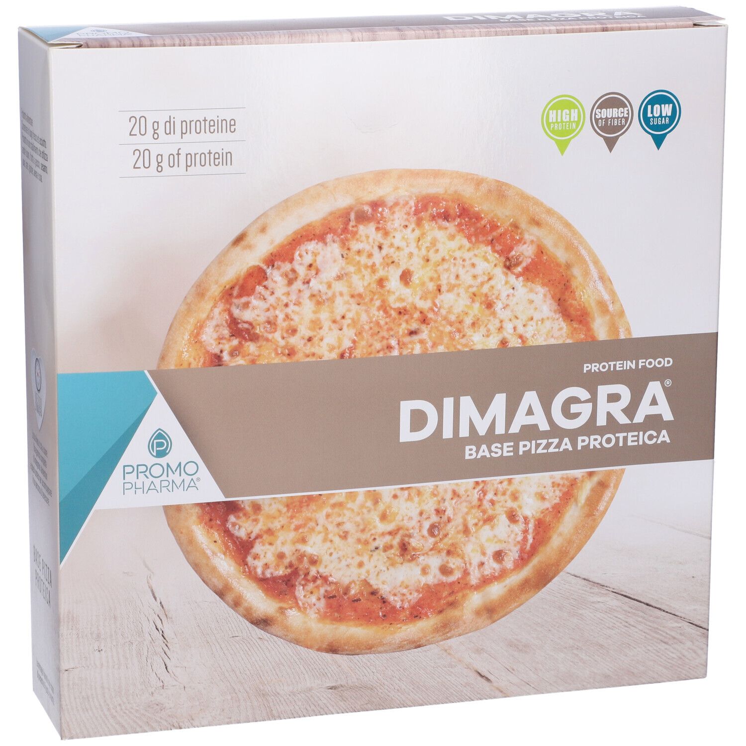 Confezione pizza. Scritta: DIMAGRA BASE PIZZA PROTEICA. Logo PromoPharma. 20 g di proteine.