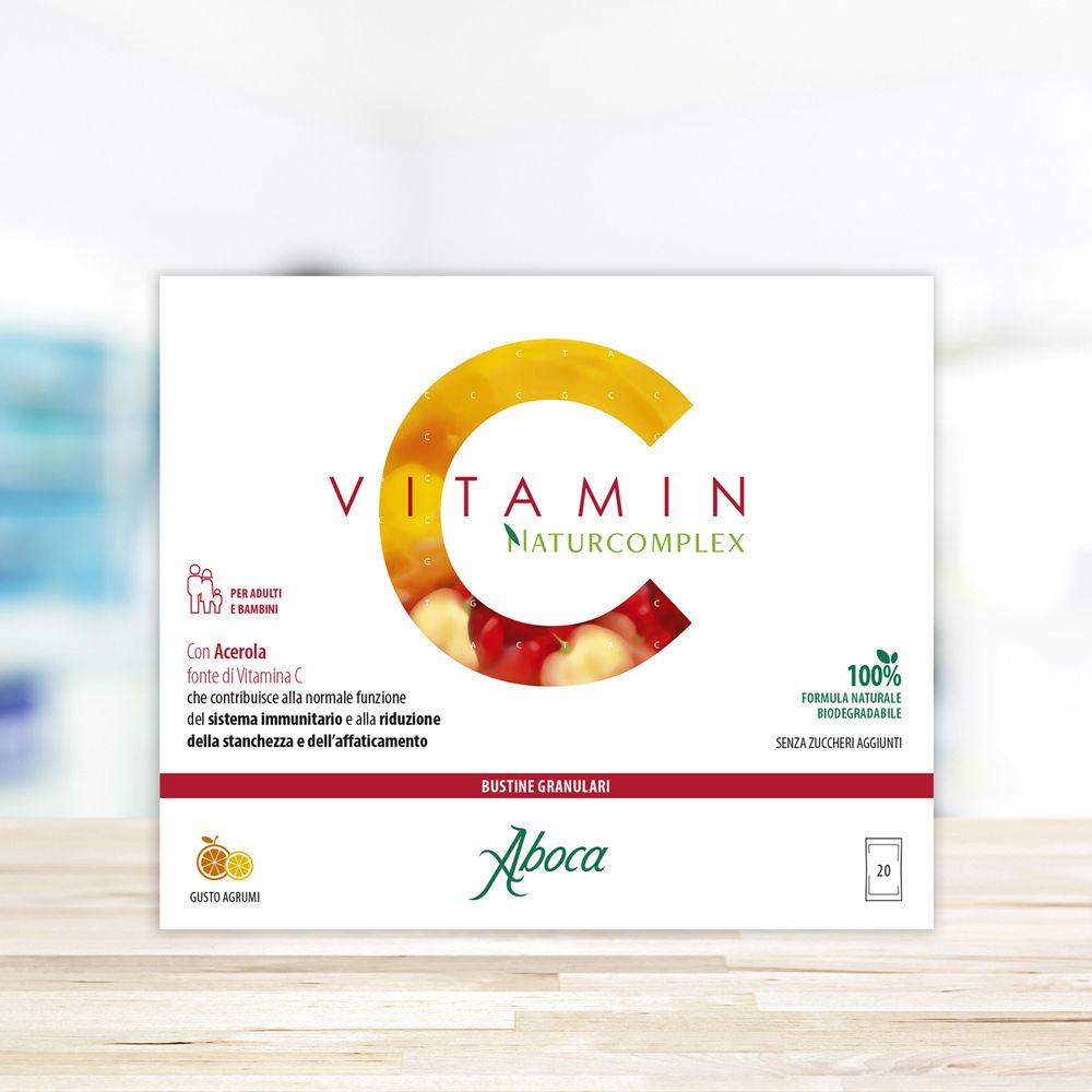 Verpackung Vitamin C Naturcomplex. Weiß, gelbes C. Marke Aboca. 20 Beutel. Ohne Zuckerzusatz.