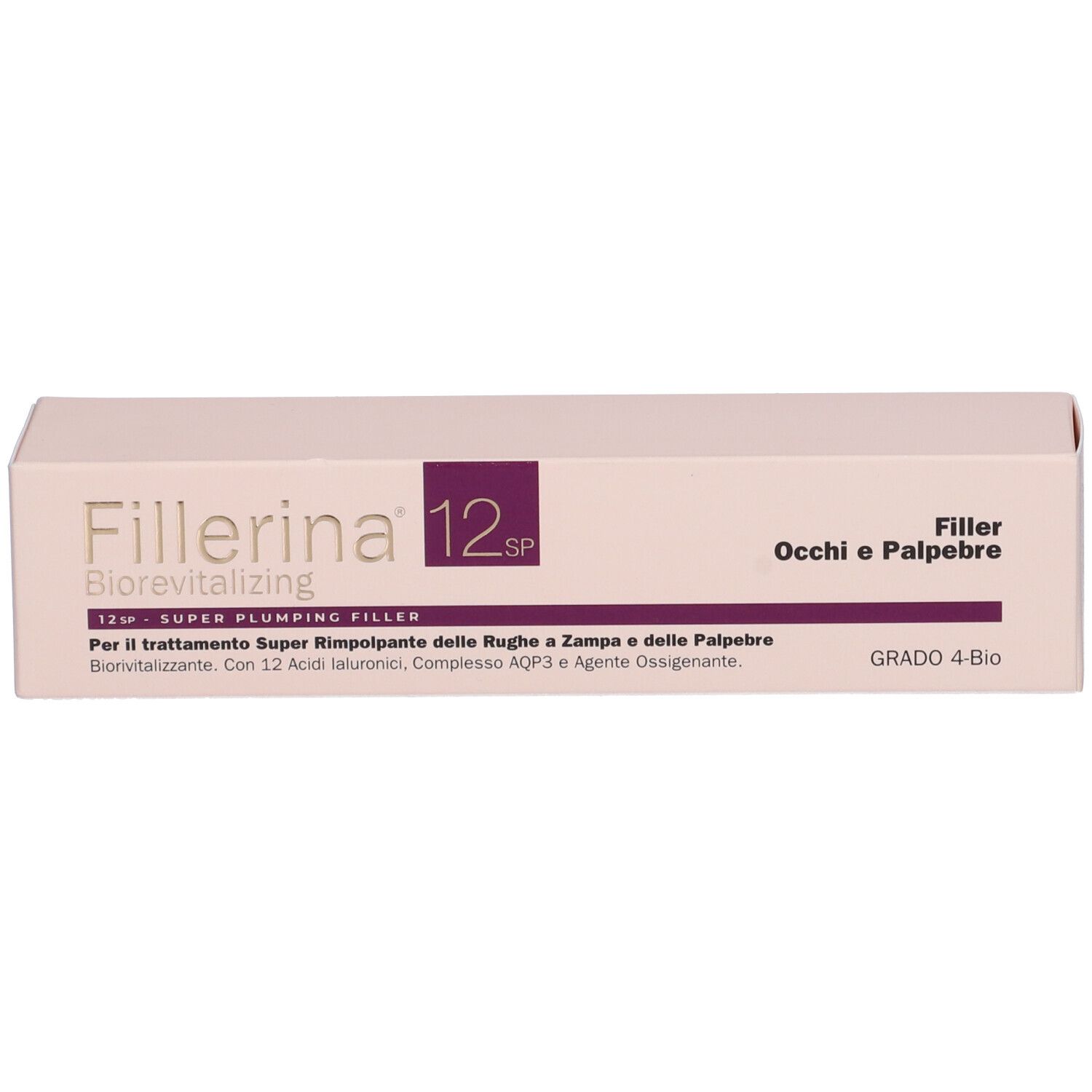 Confezione beige con nome e dettagli del prodotto. Testo: Fillerina 12 SP Biorevitalizing, Occhi e Palpebre, Grado 4-Bio.