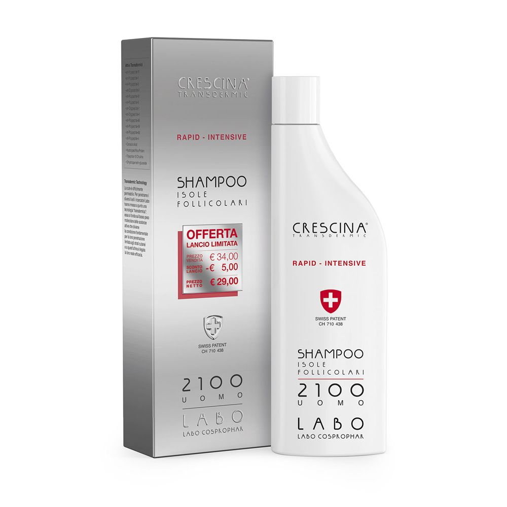 Flacone e scatola shampoo. Shampoo bianco, scatola argento. Scritte: Crescina, Rapid-Intensive, 2100 Uomo.