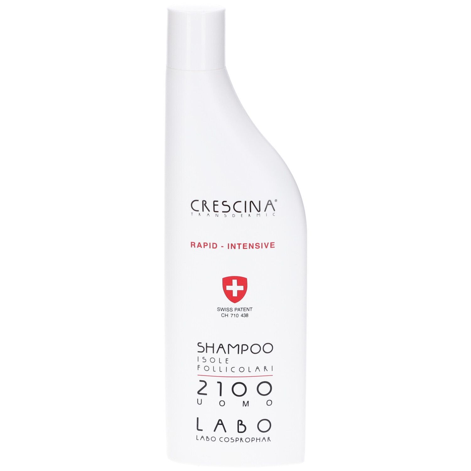 Shampoo bianco con tappo bianco. Scritte: Crescina, Rapid-Intensive, 2100 Uomo. Croce svizzera.
