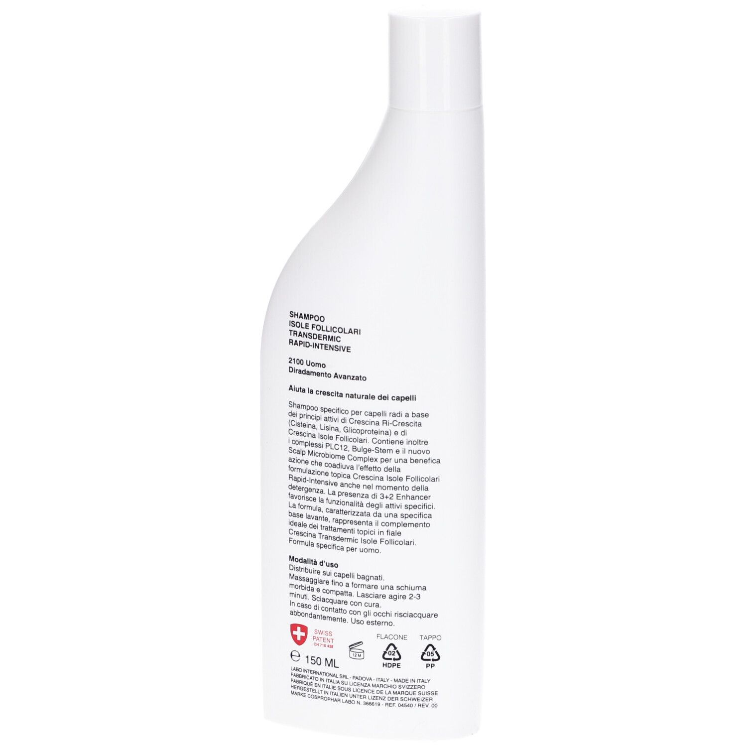 Retro del flacone di shampoo. Testo in italiano. Croce svizzera. Volume: 150 ml.