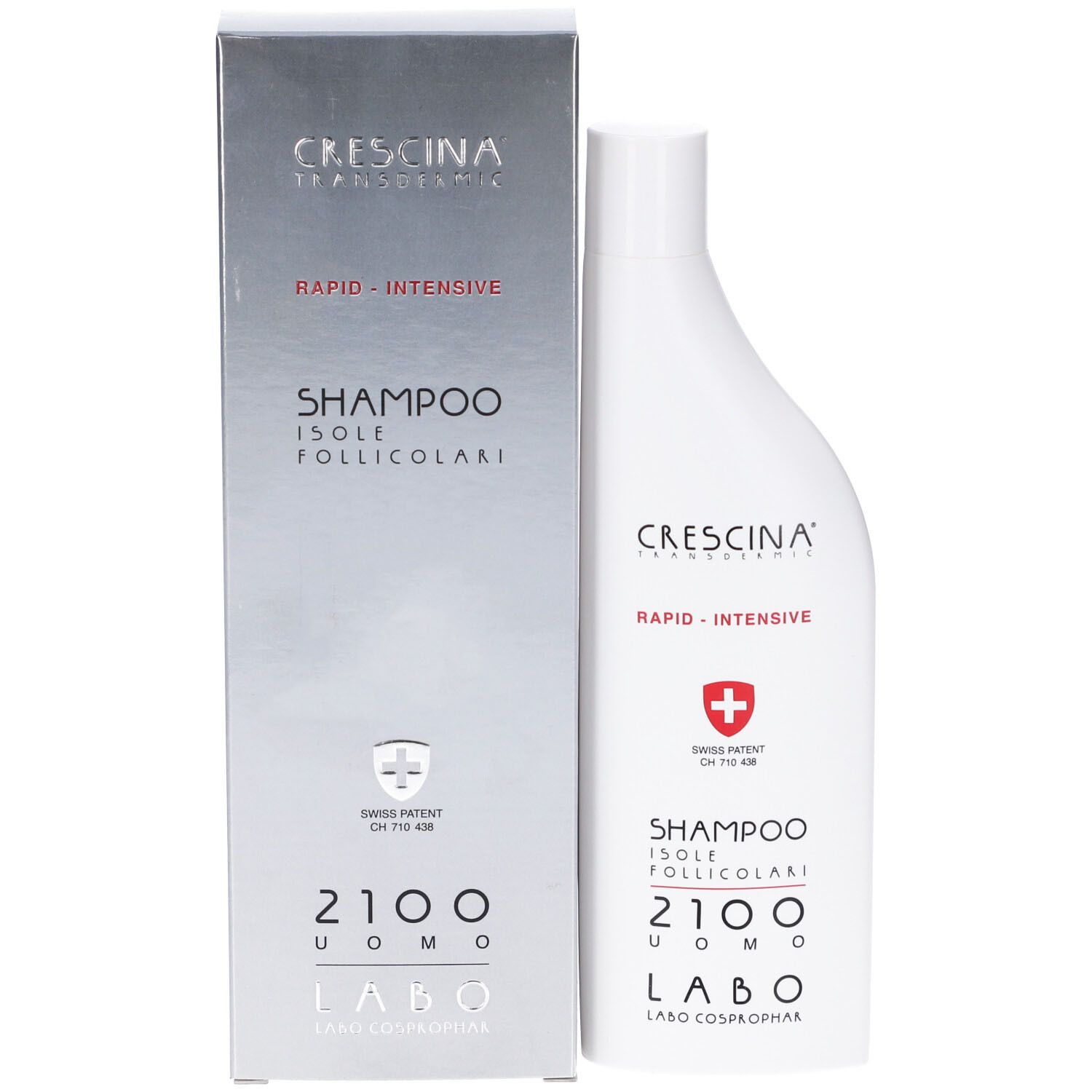 Flacone e scatola shampoo. Shampoo bianco, scatola argento. Scritte: Crescina, 2100 Uomo.