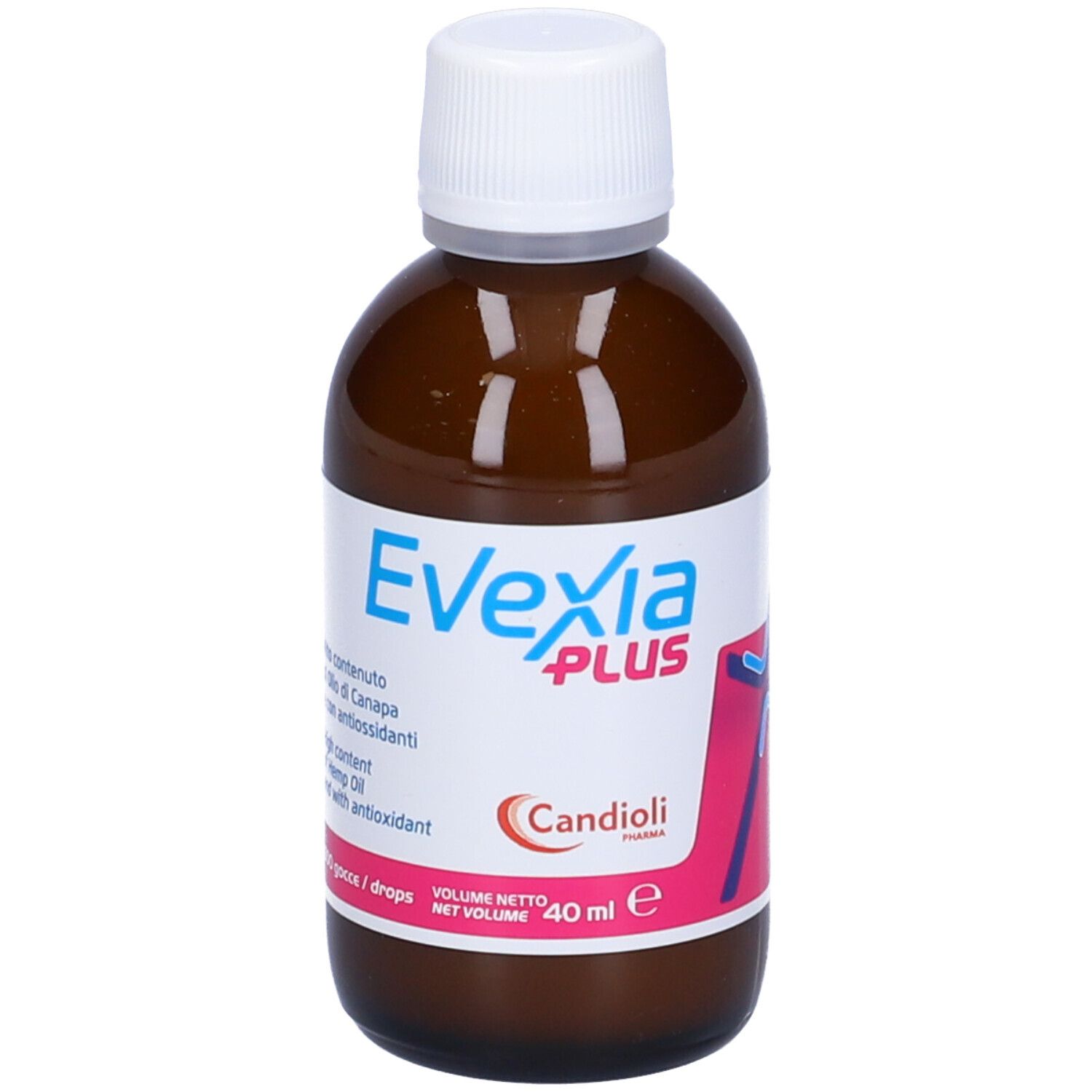 Flacone di vetro marrone con tappo bianco. Scritta: Evexia Plus, Candiolipharma. Volume: 40 ml.
