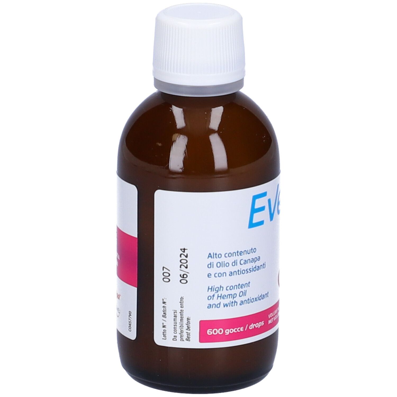 Flacone di vetro marrone con tappo bianco. Scritta: Evexia Plus. Contiene olio di canapa e antiossidanti. Scadenza 06/2024.