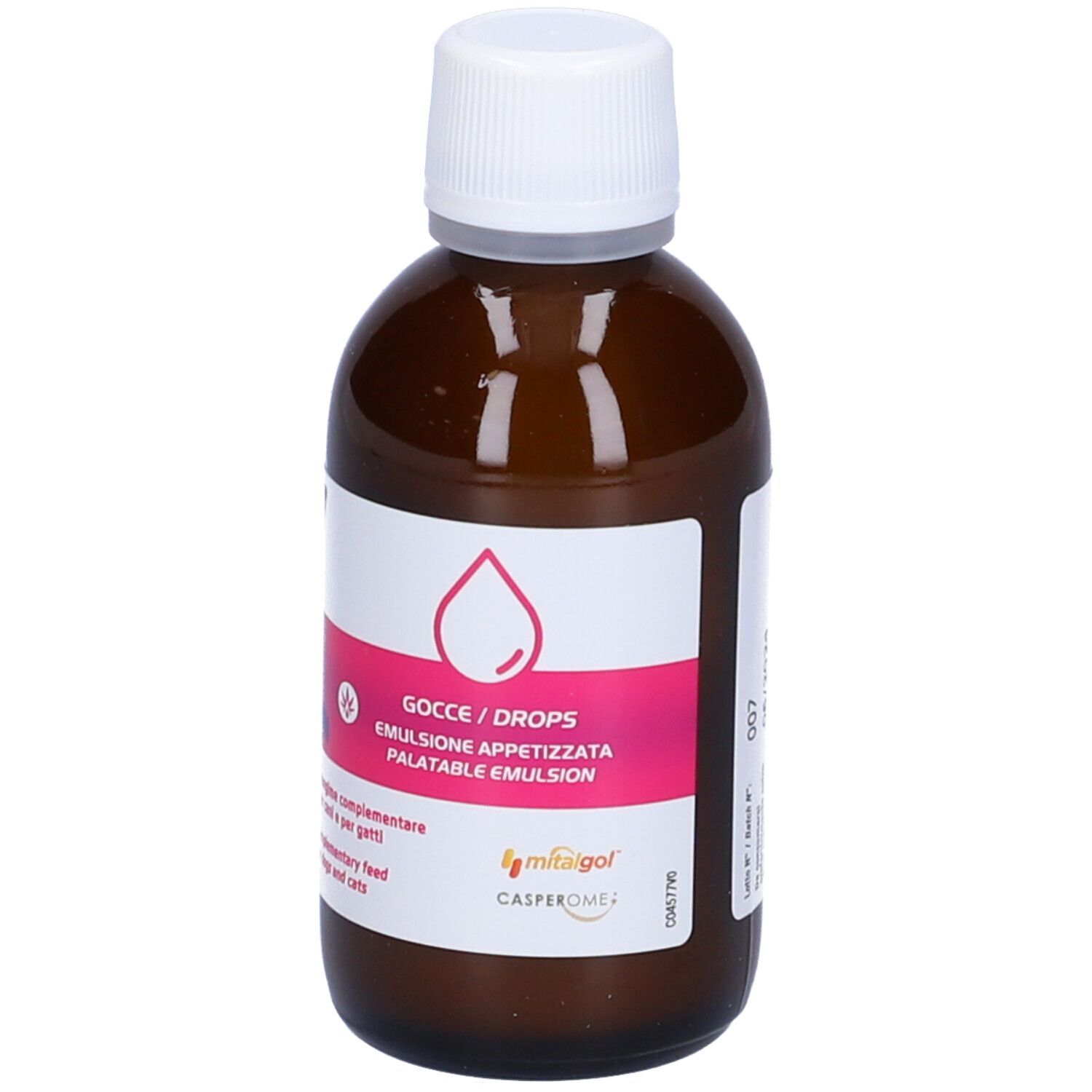 Flacone di vetro marrone con tappo bianco. Scritta: Gocce/Drops. Emulsione. Marchio: mitagol Casperome.