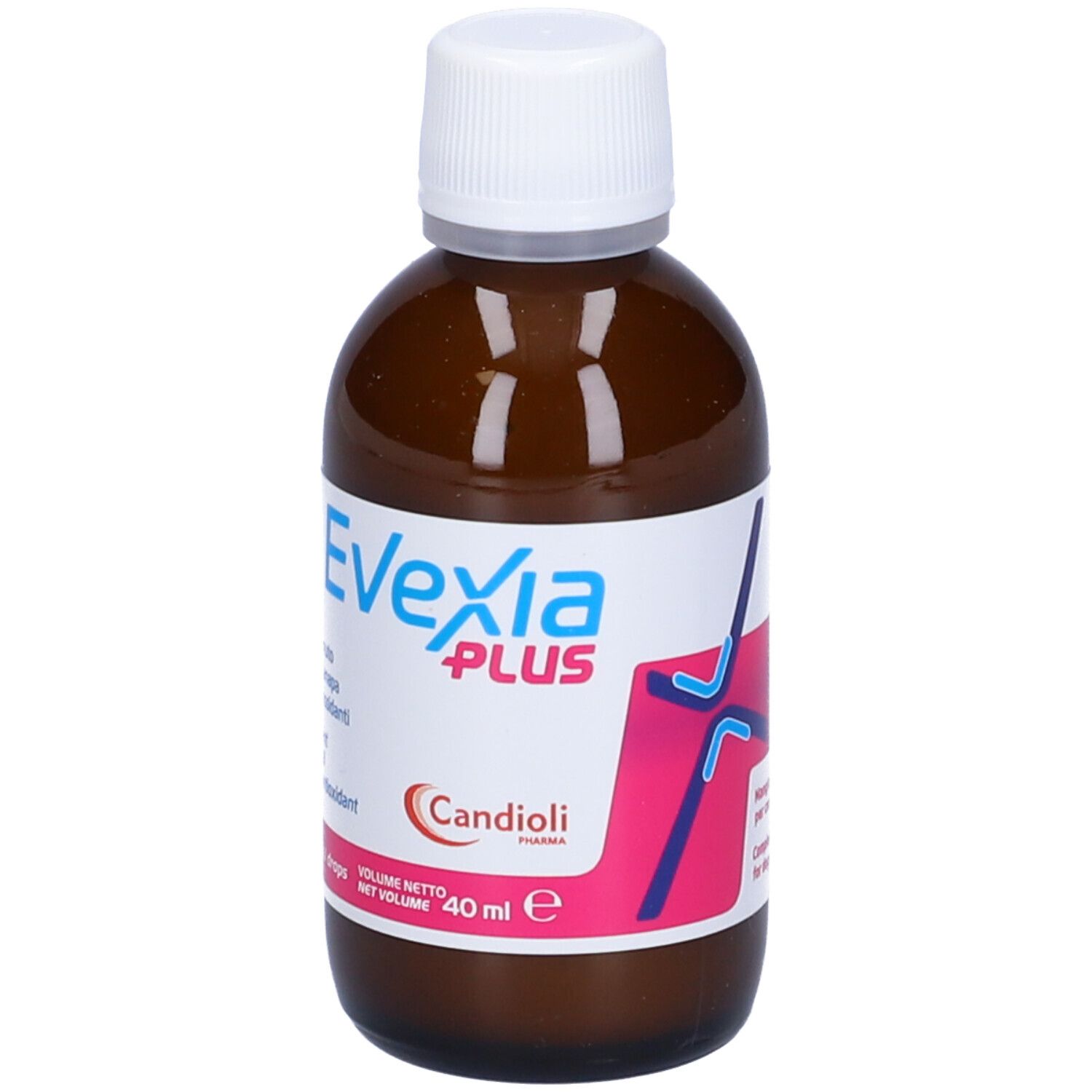 Flacone di vetro marrone con tappo bianco. Scritta: Evexia Plus, Candiolipharma. Volume: 40 ml. Illustrazione: linee blu.