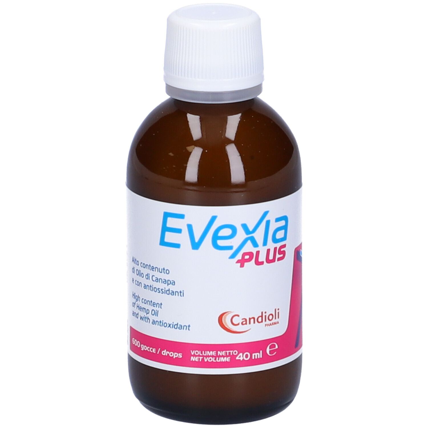 Flacone di vetro marrone con tappo bianco. Scritta: Evexia Plus, Candiolipharma. Volume: 40 ml. Contiene olio di canapa.