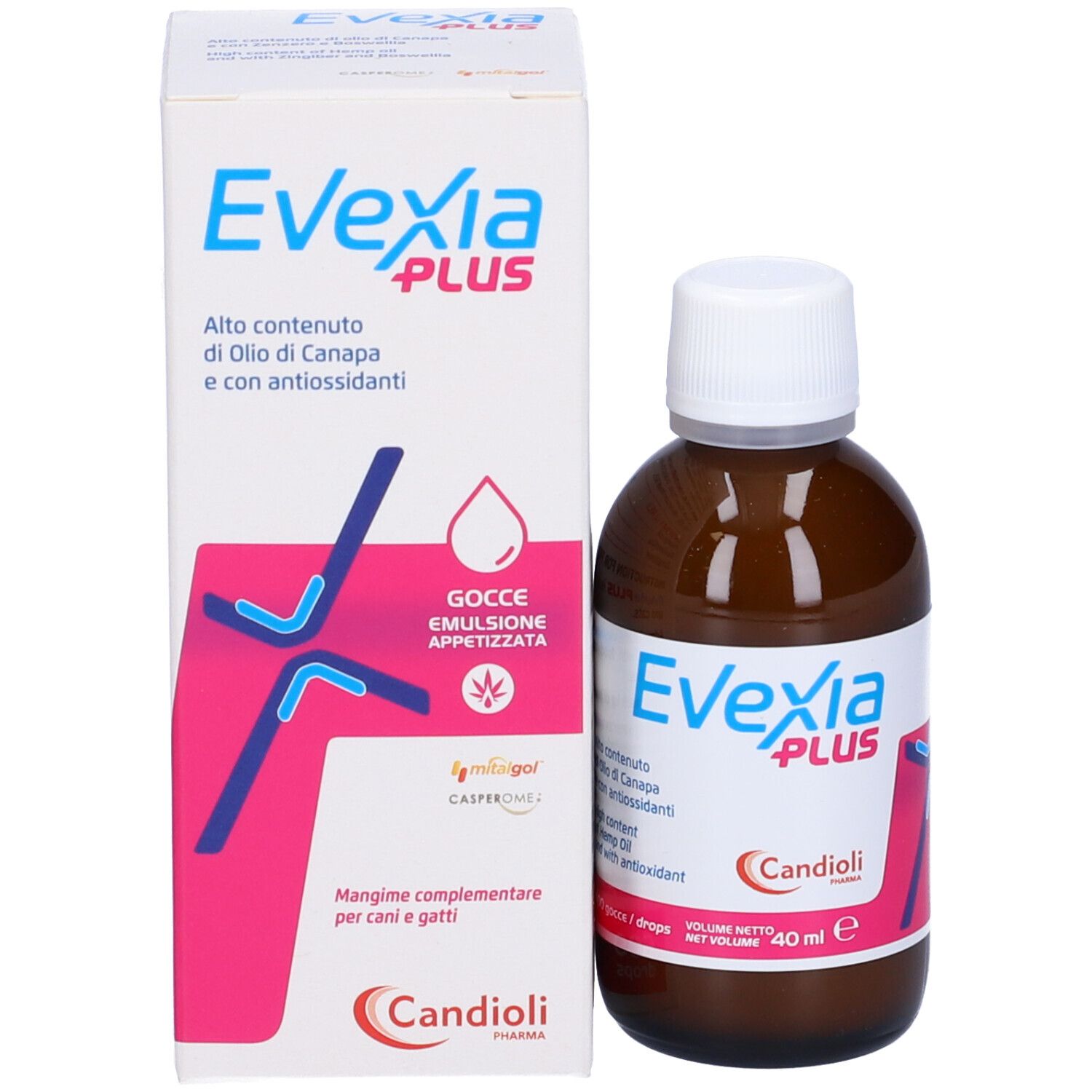 Confezione e flacone. Scritta: Evexia Plus, Candiolipharma. Contiene olio di canapa. Con illustrazioni e testo.