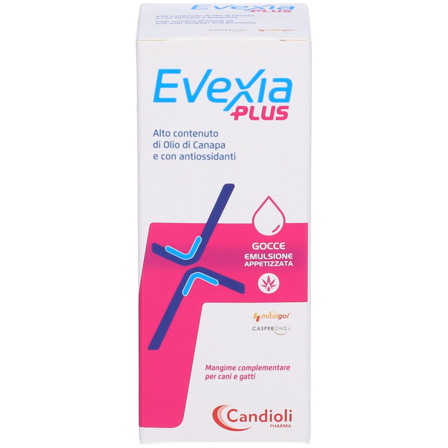 Confezione del prodotto. Scritta: Evexia Plus, Candiolipharma. Contiene olio di canapa. Con illustrazioni e testo.