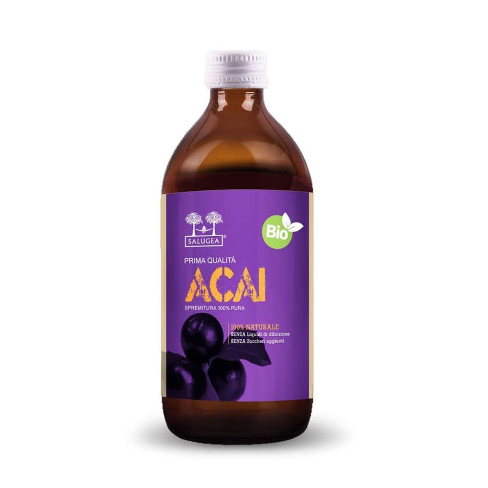 Bottiglia di vetro marrone con etichetta viola. Scritta: Acai, Bio. Con tappo bianco. Prodotto per la salute.