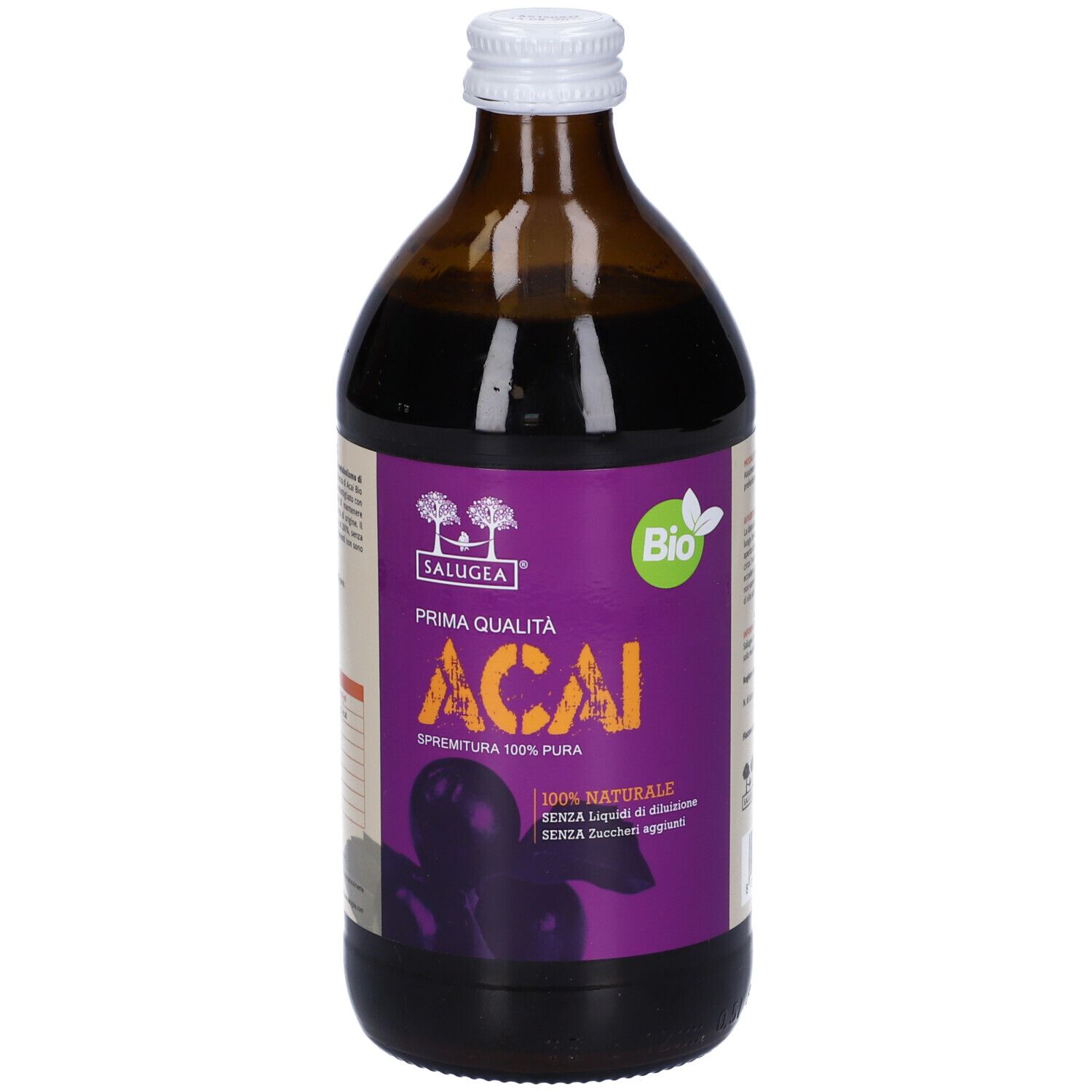 Bottiglia di vetro marrone con etichetta viola. Scritta: Acai, Bio. Con tappo bianco. Prodotto per la salute.