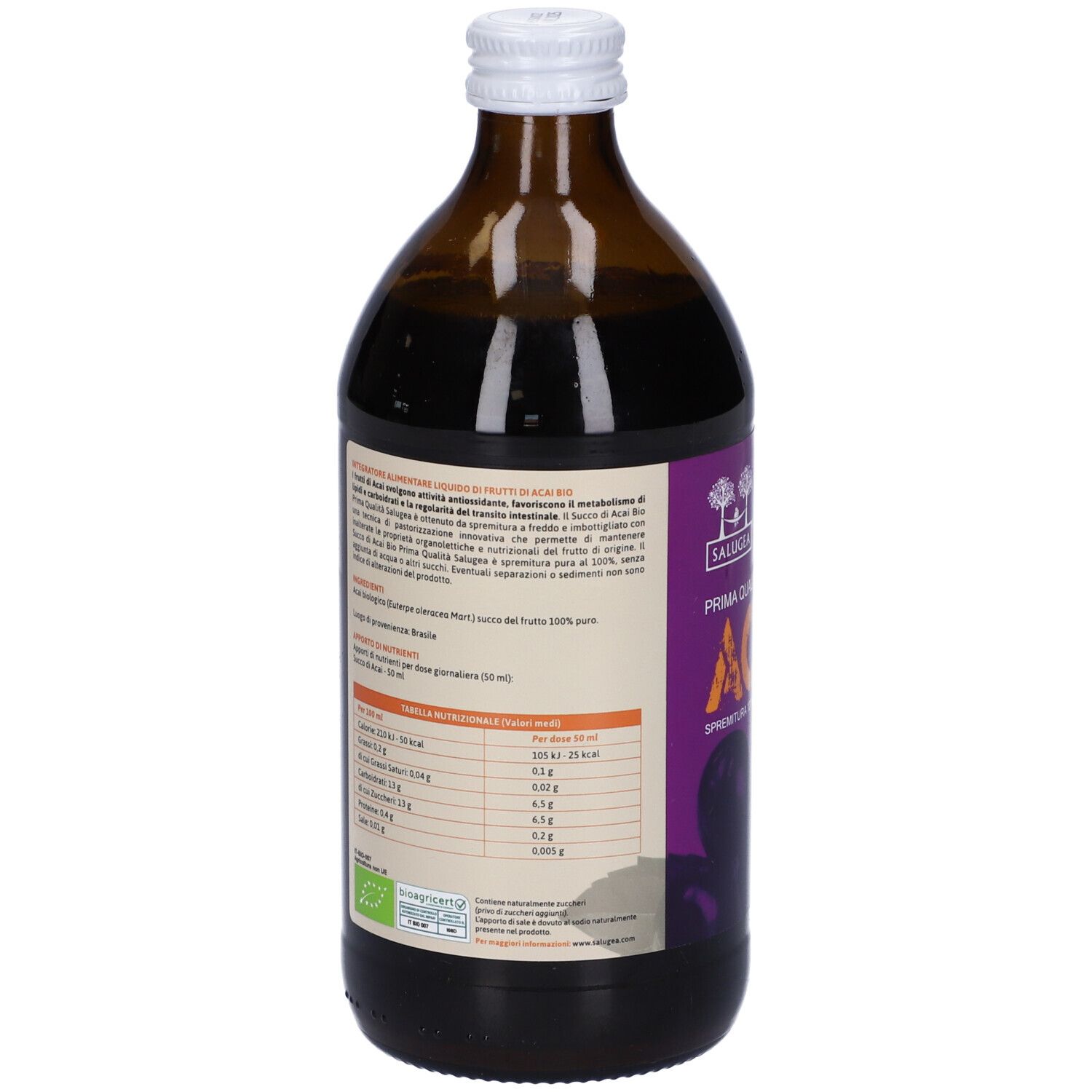 Vista posteriore della bottiglia. Etichetta con informazioni nutrizionali e ingredienti. Certificazione bio. Testo in italiano.