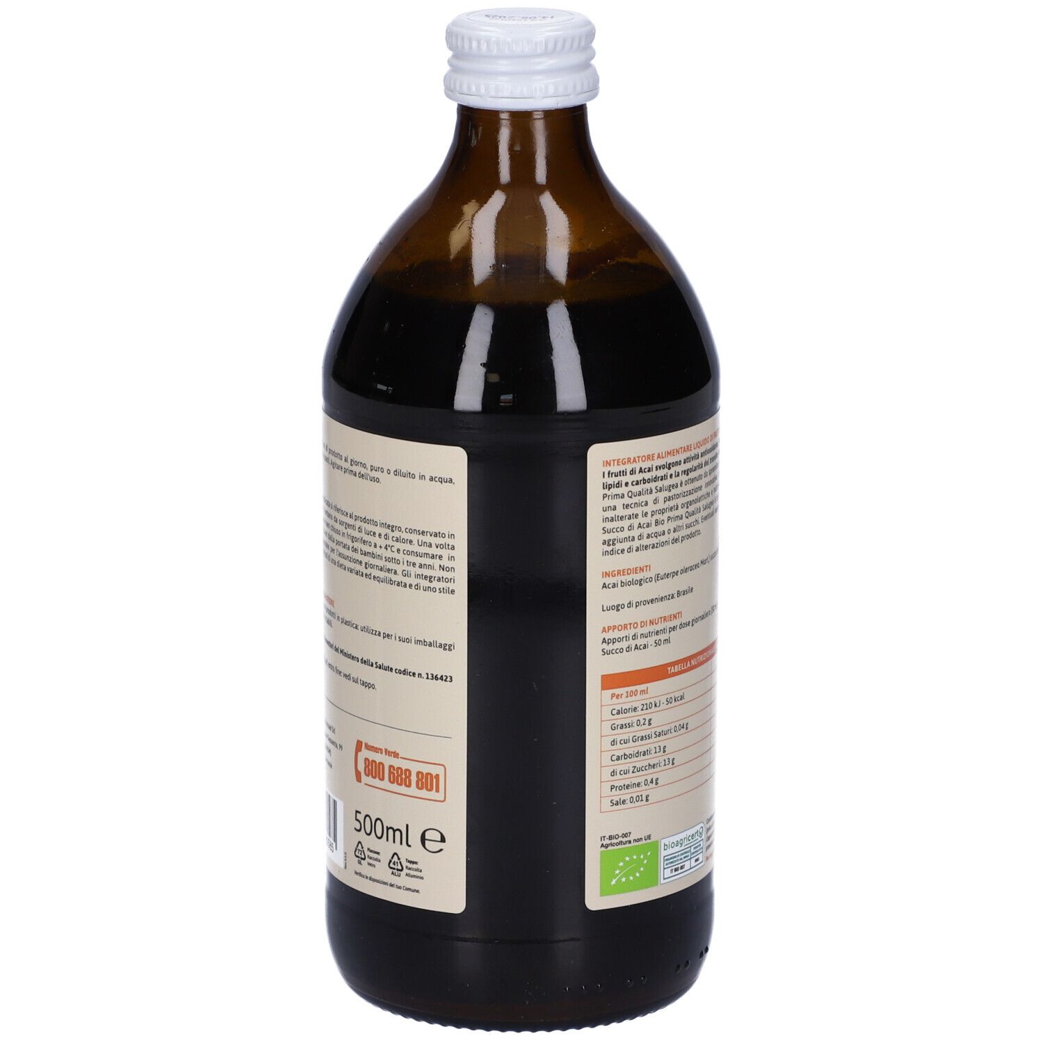 Vista posteriore della bottiglia. Etichetta con testo e informazioni nutrizionali. Certificazione bio. Bottiglia da 500 ml.