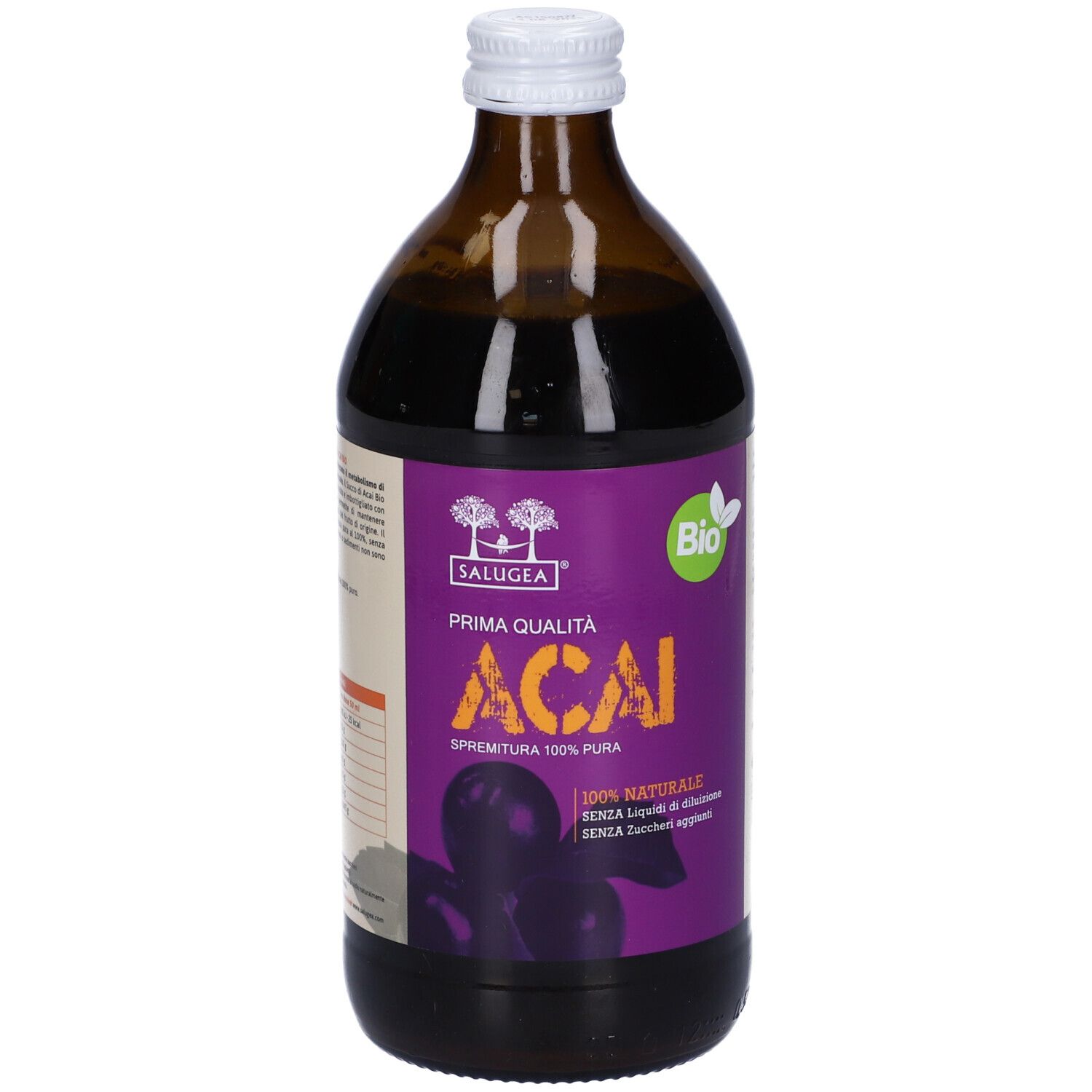 Bottiglia di vetro marrone con etichetta viola. Scritta: Acai, Bio. Con tappo bianco. Prodotto per la salute.