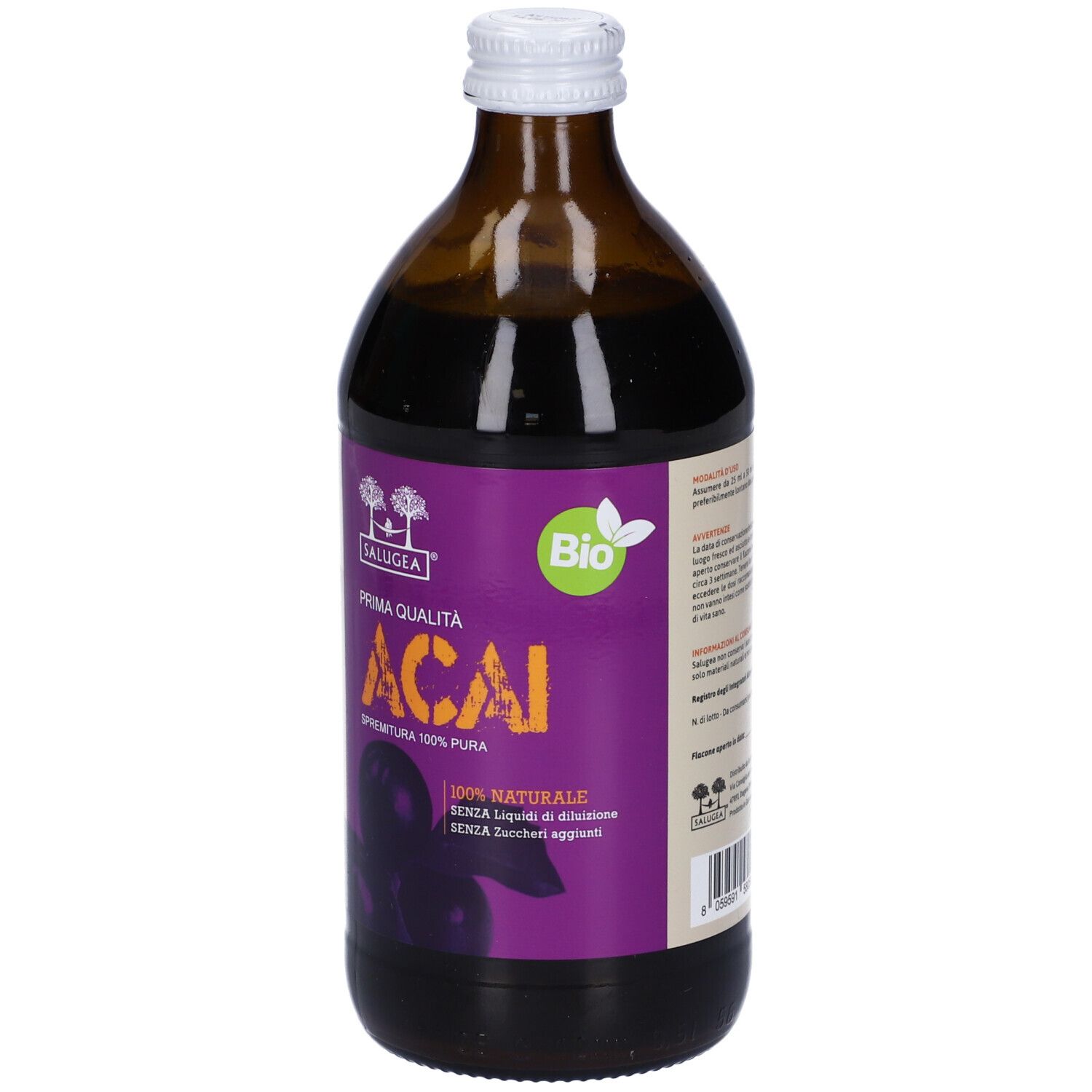 Bottiglia di vetro marrone con etichetta viola. Scritta: Acai, Bio. Con tappo bianco. Prodotto per la salute.
