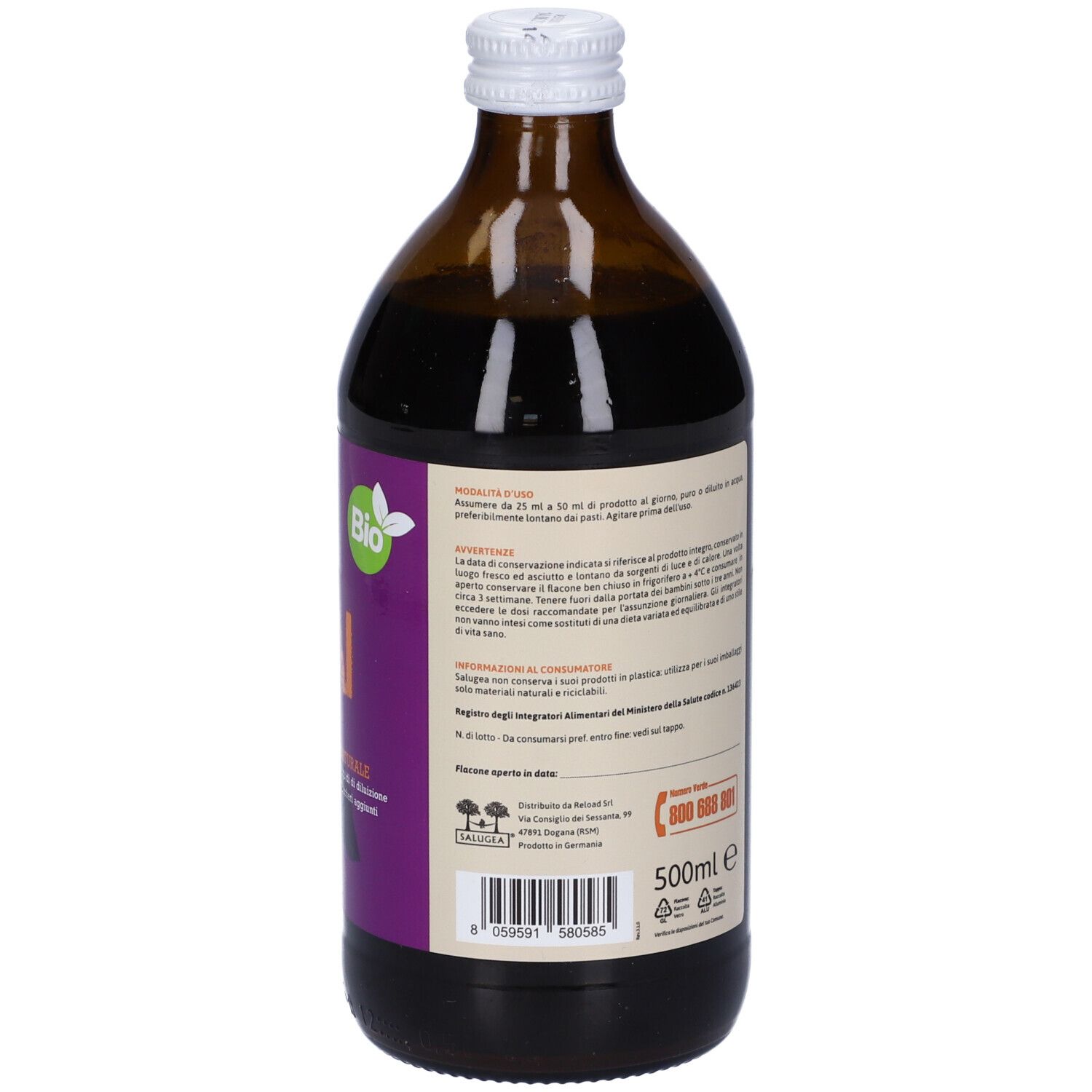Vista posteriore della bottiglia. Etichetta con testo e informazioni nutrizionali. Certificazione bio. Bottiglia da 500 ml.