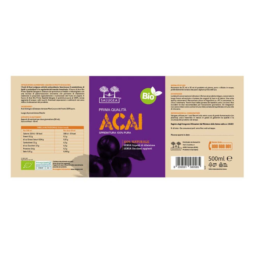 Etichetta con informazioni nutrizionali e ingredienti. Certificazione bio. Bottiglia da 500 ml. Testo in italiano.
