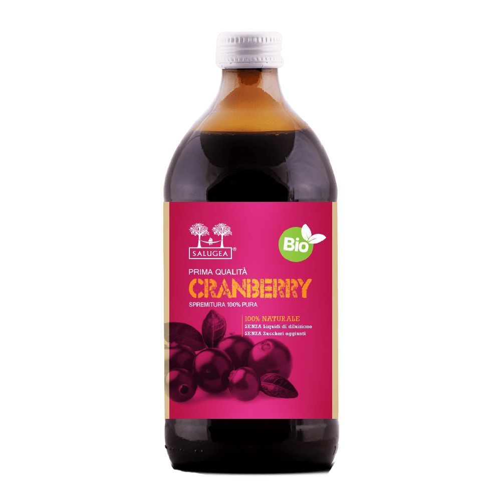 Braune Glasflasche mit Cranberry-Saft. Rosa Etikett mit Produktnamen und Bio-Siegel. Weißer Deckel.