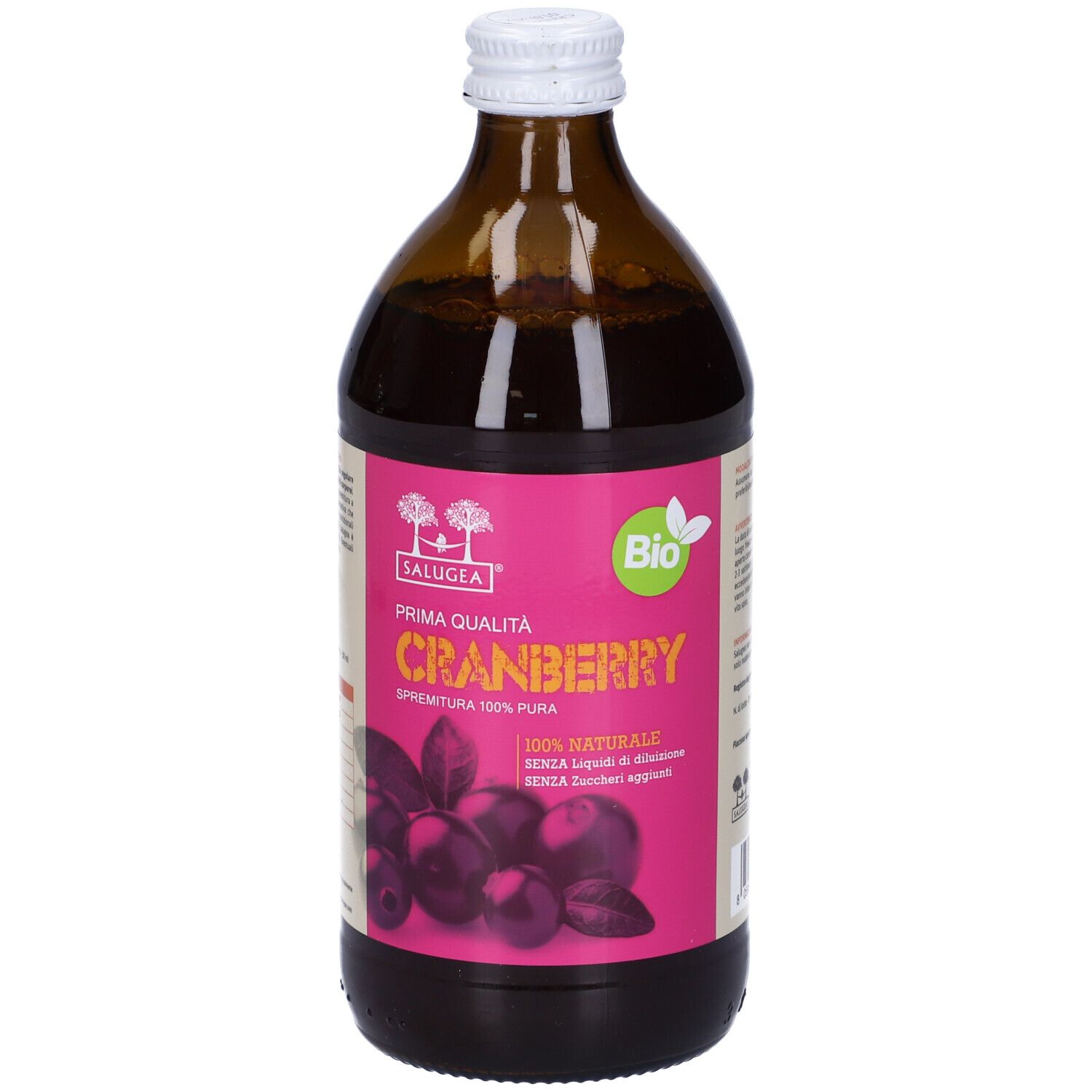 Braune Glasflasche mit Cranberry-Saft. Rosa Etikett mit Produktnamen und Bio-Siegel. Weißer Deckel.