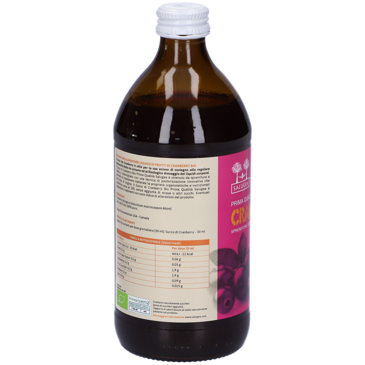 Rückseite der Produktflasche. Etikett mit Nährwertangaben, Inhaltsstoffen, Herstellerinformationen und Bio-Siegel.