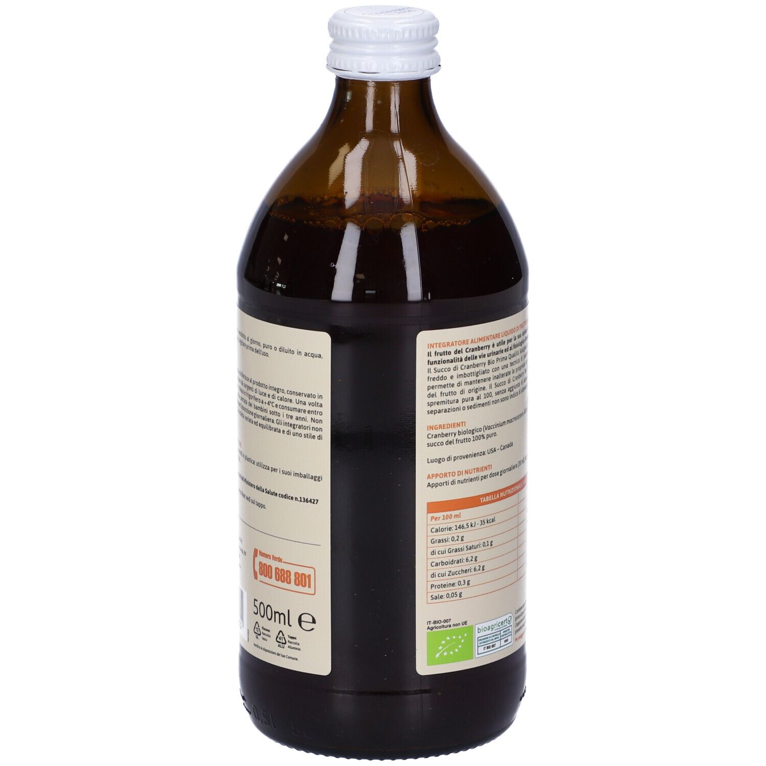 Rückseite der Produktflasche. Etikett mit Nährwertangaben, Inhaltsstoffen, Herstellerinformationen und Bio-Siegel.