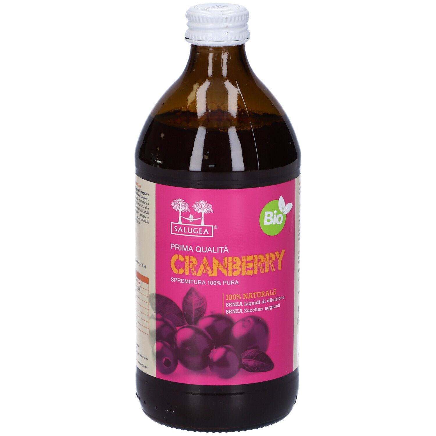 Braune Glasflasche mit Cranberry-Saft. Rosa Etikett mit Produktnamen und Bio-Siegel. Weißer Deckel.