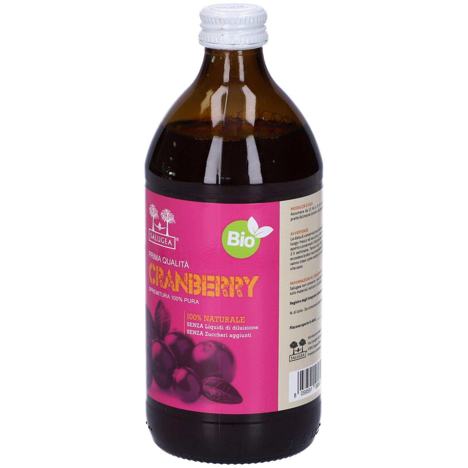 Braune Glasflasche mit Cranberry-Saft. Rosa Etikett mit Produktnamen und Bio-Siegel. Weißer Deckel.