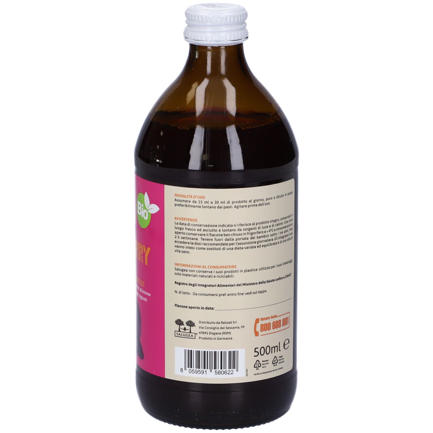 Rückseite der Produktflasche. Etikett mit Nährwertangaben, Inhaltsstoffen, Herstellerinformationen und Bio-Siegel.