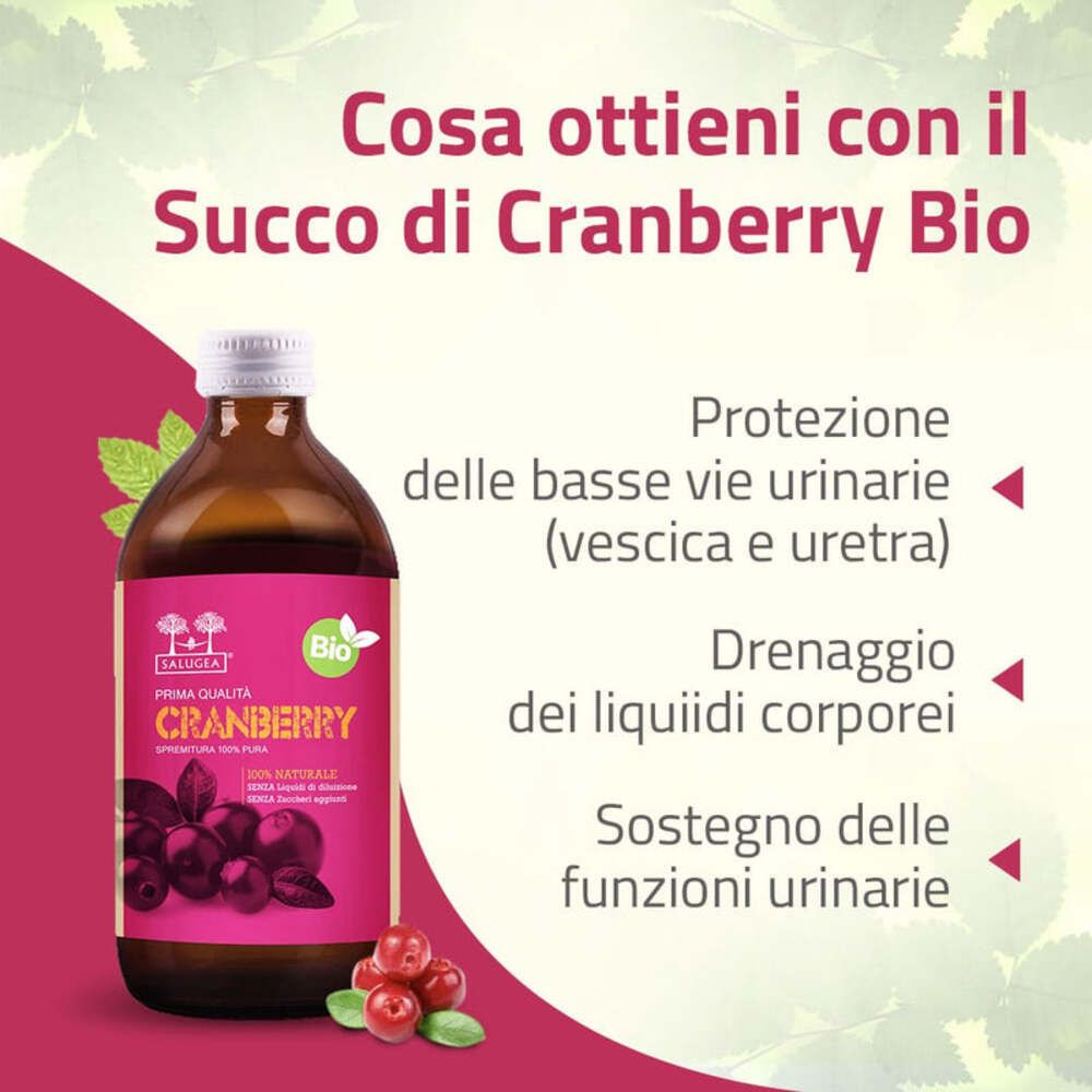 Produktflasche mit Text: Was Sie mit Cranberry Bio-Saft erhalten. Vorteile: Harnwegschutz, Flüssigkeitsdrainage.