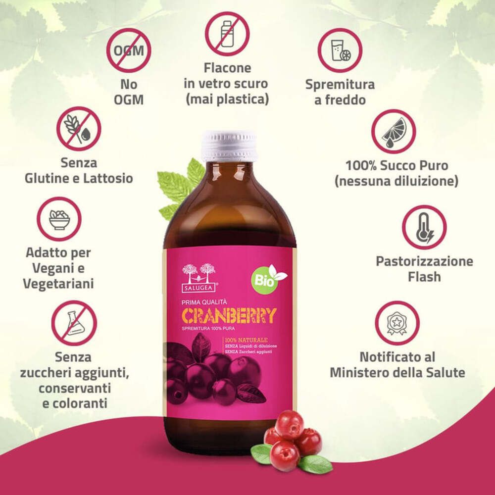Produktflasche mit Symbolen. Keine GVO, dunkle Glasflasche, Kaltpressung, 100% reiner Saft, vegan, ohne Zucker.
