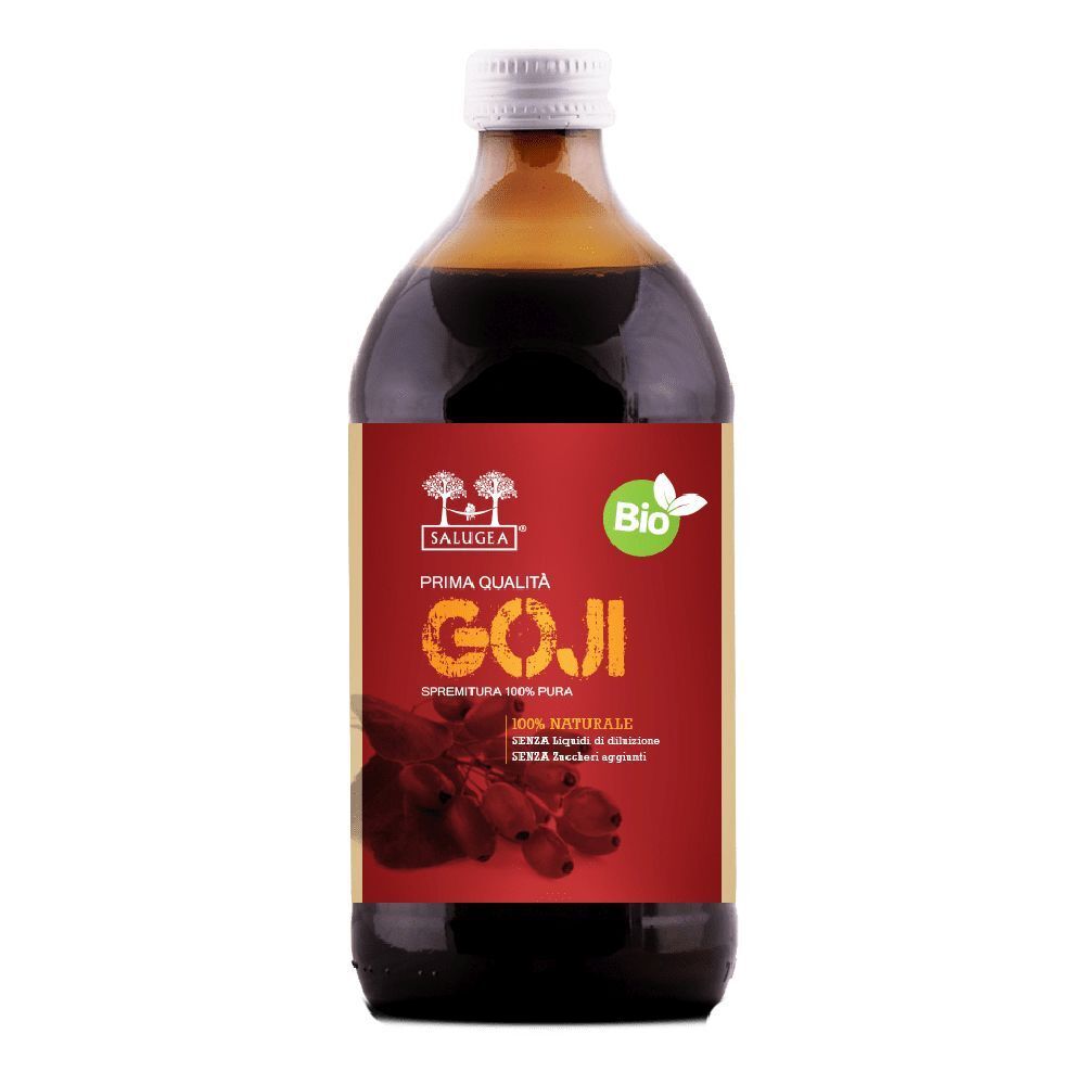 Bottiglia di vetro marrone con etichetta rossa. L'etichetta riporta "GOJI" e "Bio".