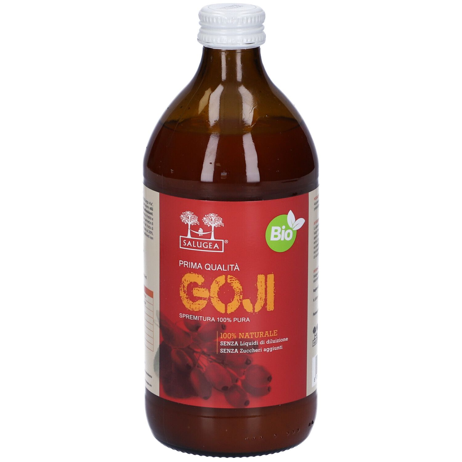 Bottiglia di vetro marrone con etichetta rossa. L'etichetta riporta "GOJI" e "Bio".