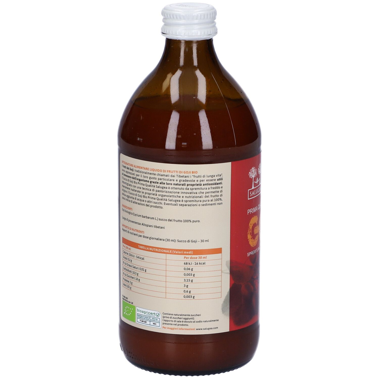 Retro della bottiglia con testo e informazioni nutrizionali. Testo: "GOJI", "100% Naturale".