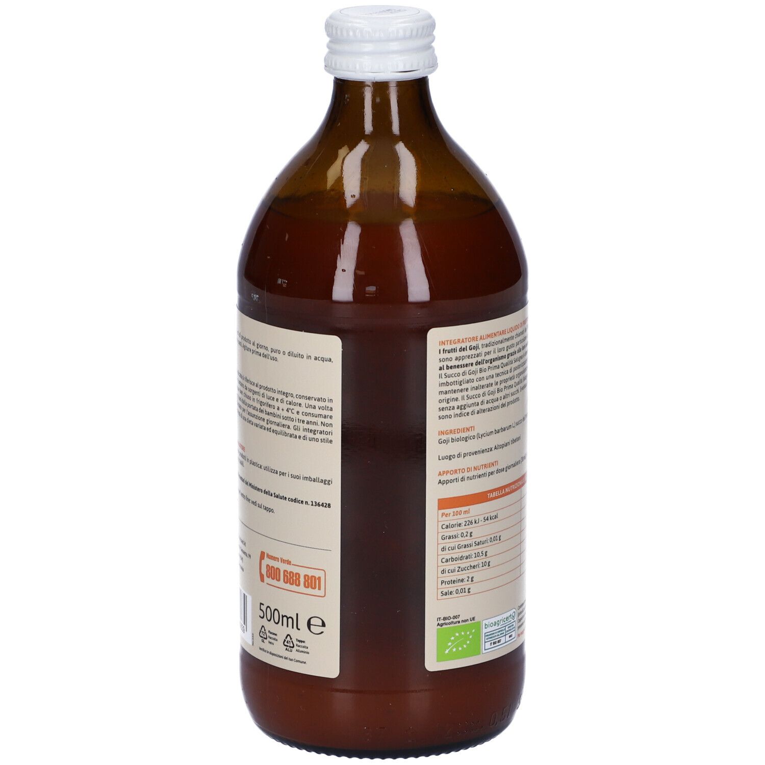 Retro della bottiglia con testo e informazioni nutrizionali. Testo: "GOJI", "100% Naturale".