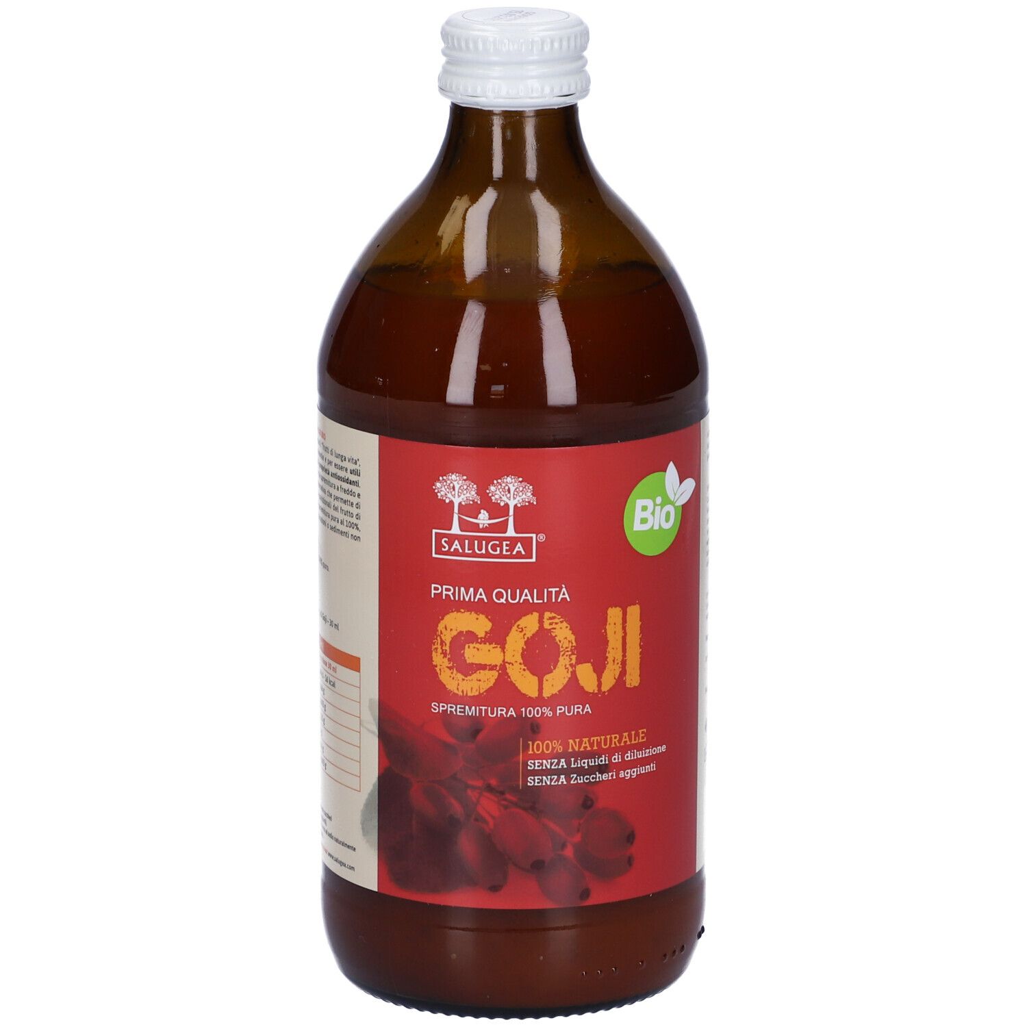 Bottiglia di vetro marrone con etichetta rossa. L'etichetta riporta "GOJI" e "Bio".