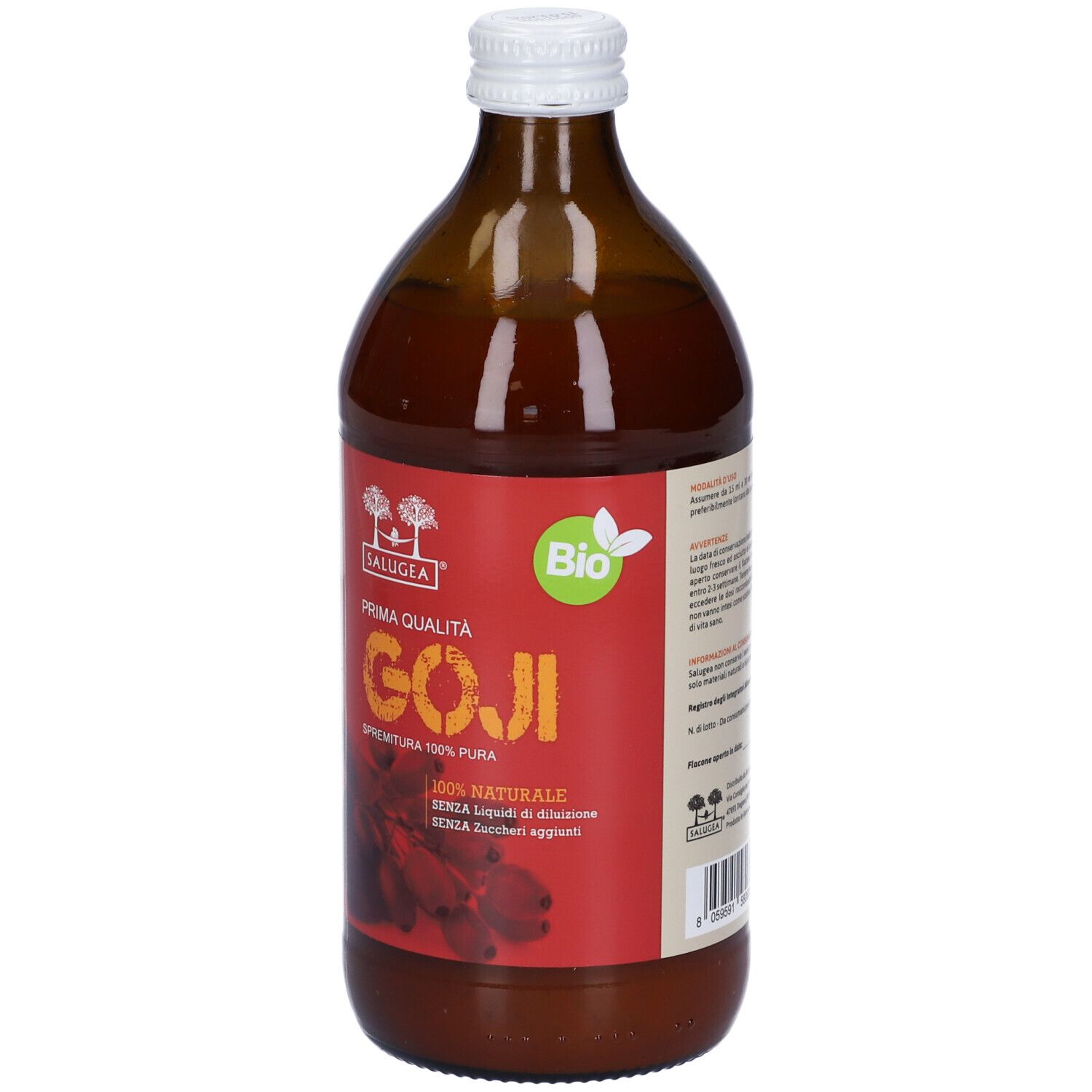 Bottiglia di vetro marrone con etichetta rossa. L'etichetta riporta "GOJI" e "Bio".